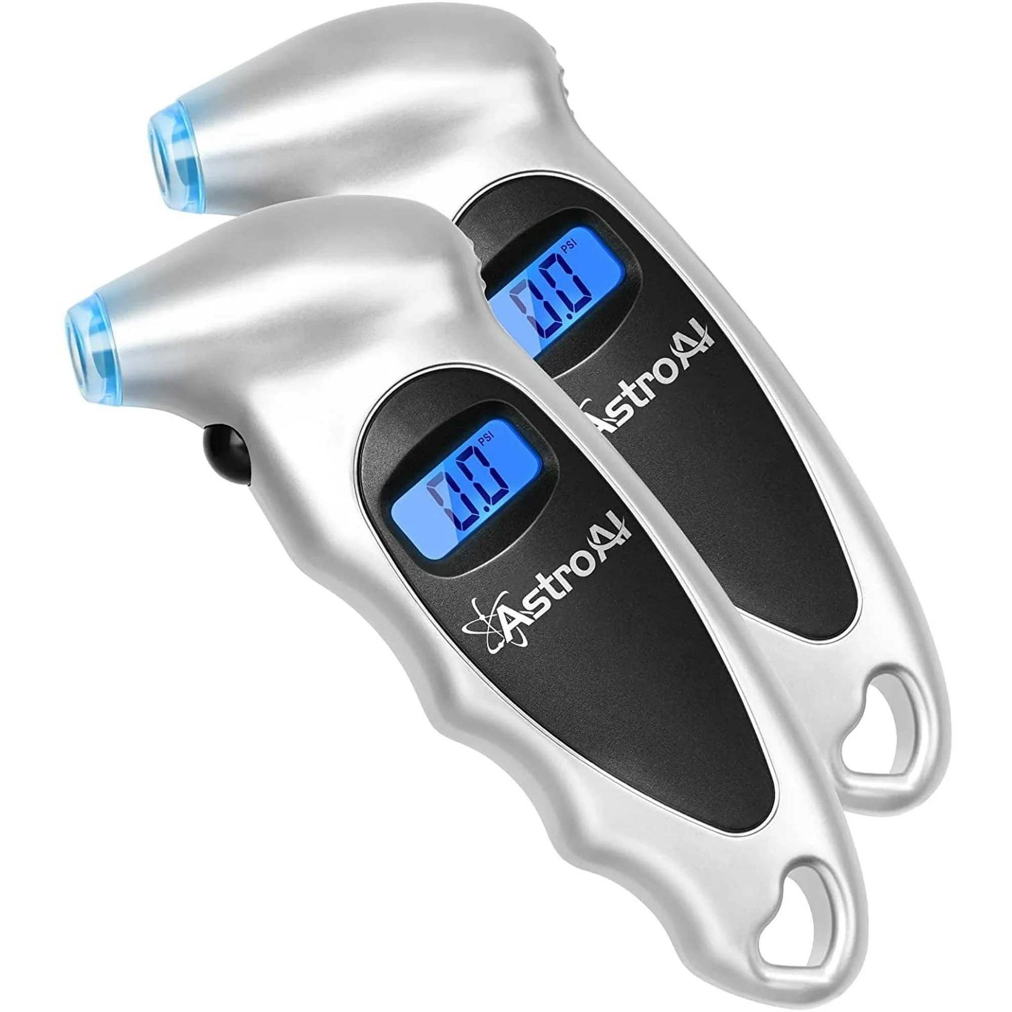 Paquete de 2 medidores de presión de llantas digitales AstroAI 150 PSI con fuente de alimentación con batería, Modelo# ASITIREGA-2