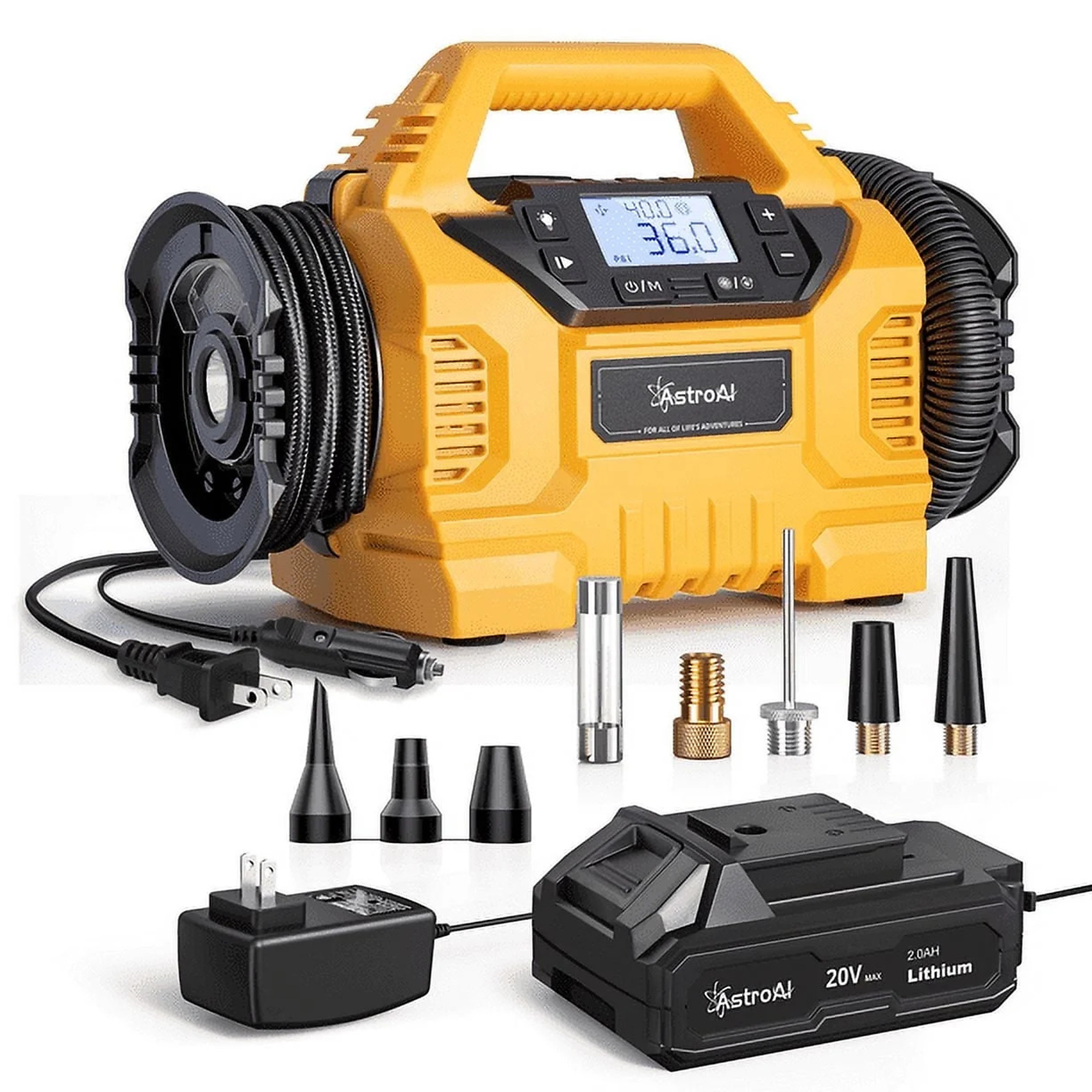 Inflador de llantas AstroAI 160PSI con 3 fuentes de energía, AC y respaldo de batería, Modelo ACACJY23LYE-US.