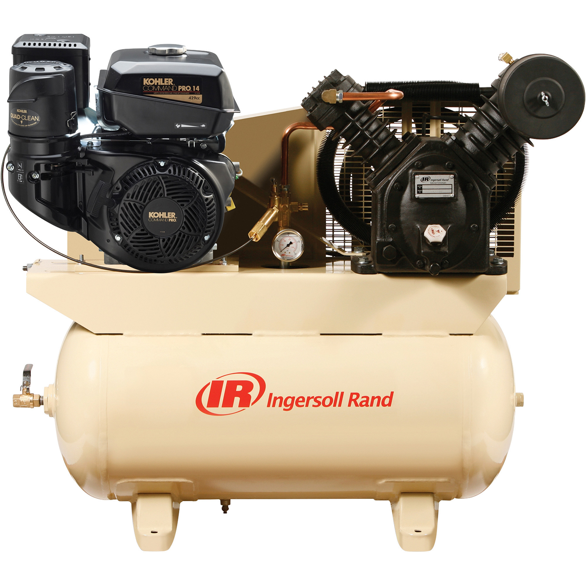 Compresor de aire a gas Ingersoll Rand de 30 galones, 24.3 CFM @ 175 PSI, motor Kohler de 14 HP, hierro fundido, arranque eléctrico, Modelo 2475.