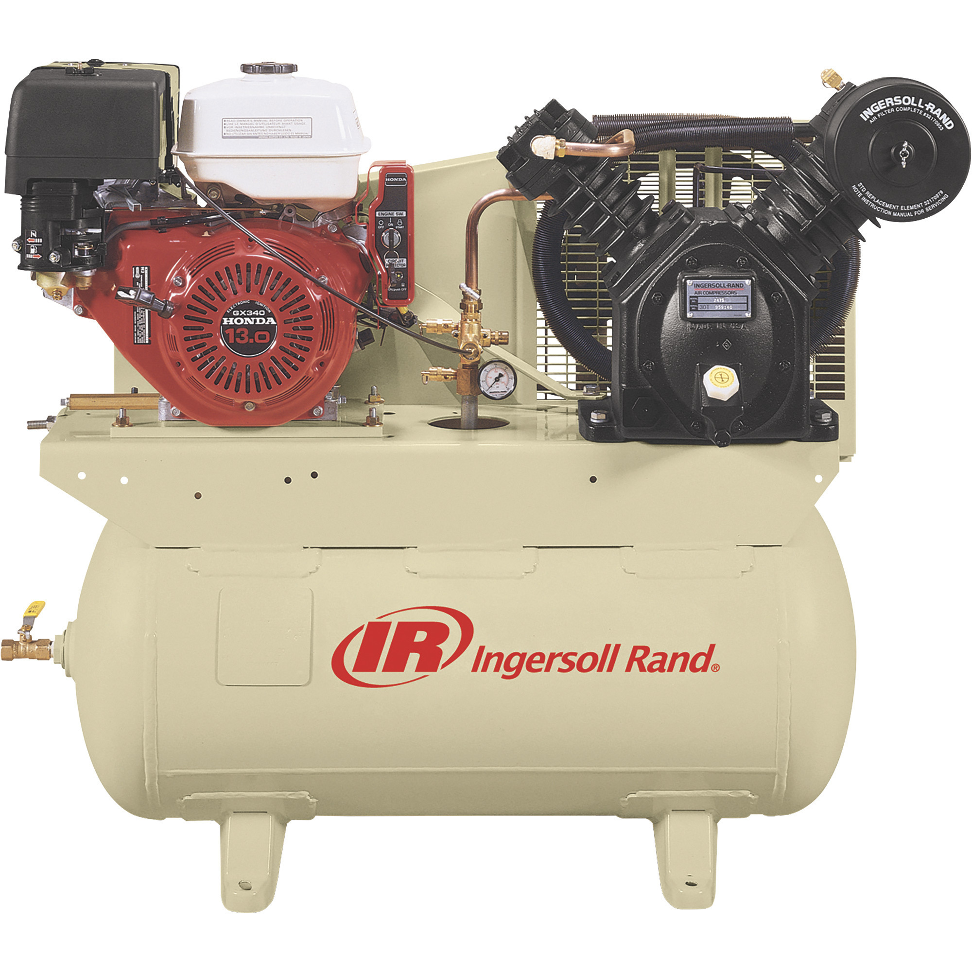 Compresor de aire a gas Ingersoll Rand 13 HP, 30 galones, Modelo# 2475F13GH.