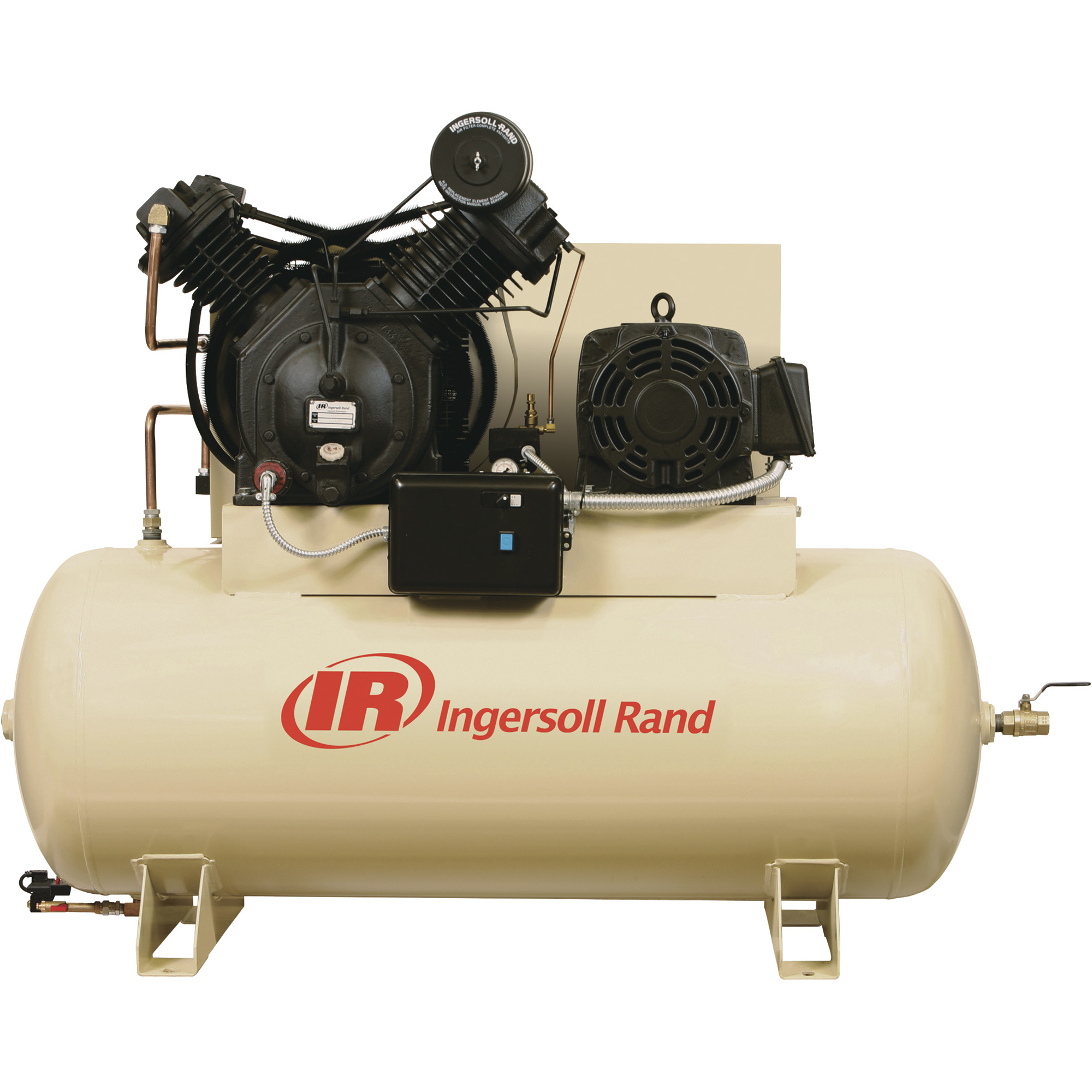 Compresor de aire de pistón reciproco Ingersoll Rand Tipo-30 (Totalmente Empaquetado) — 10 HP, 3 fases, Tanque Horizontal de 120 Galones