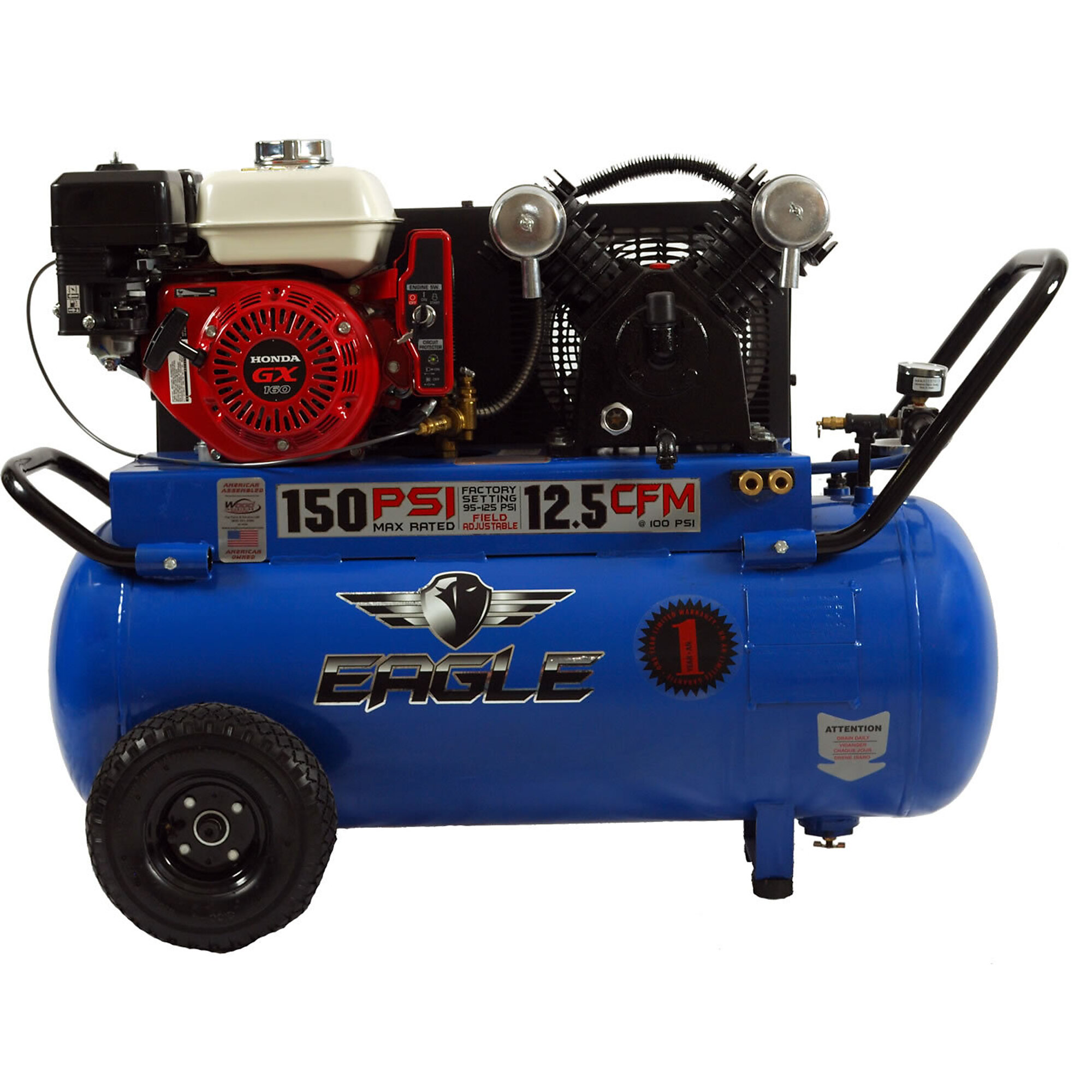 

Compresor de aire EAGLE de arranque eléctrico de 25 galones, con motor de 5.5 HP y tanque de aire de 25 galones. Modelo P55GE25H1.