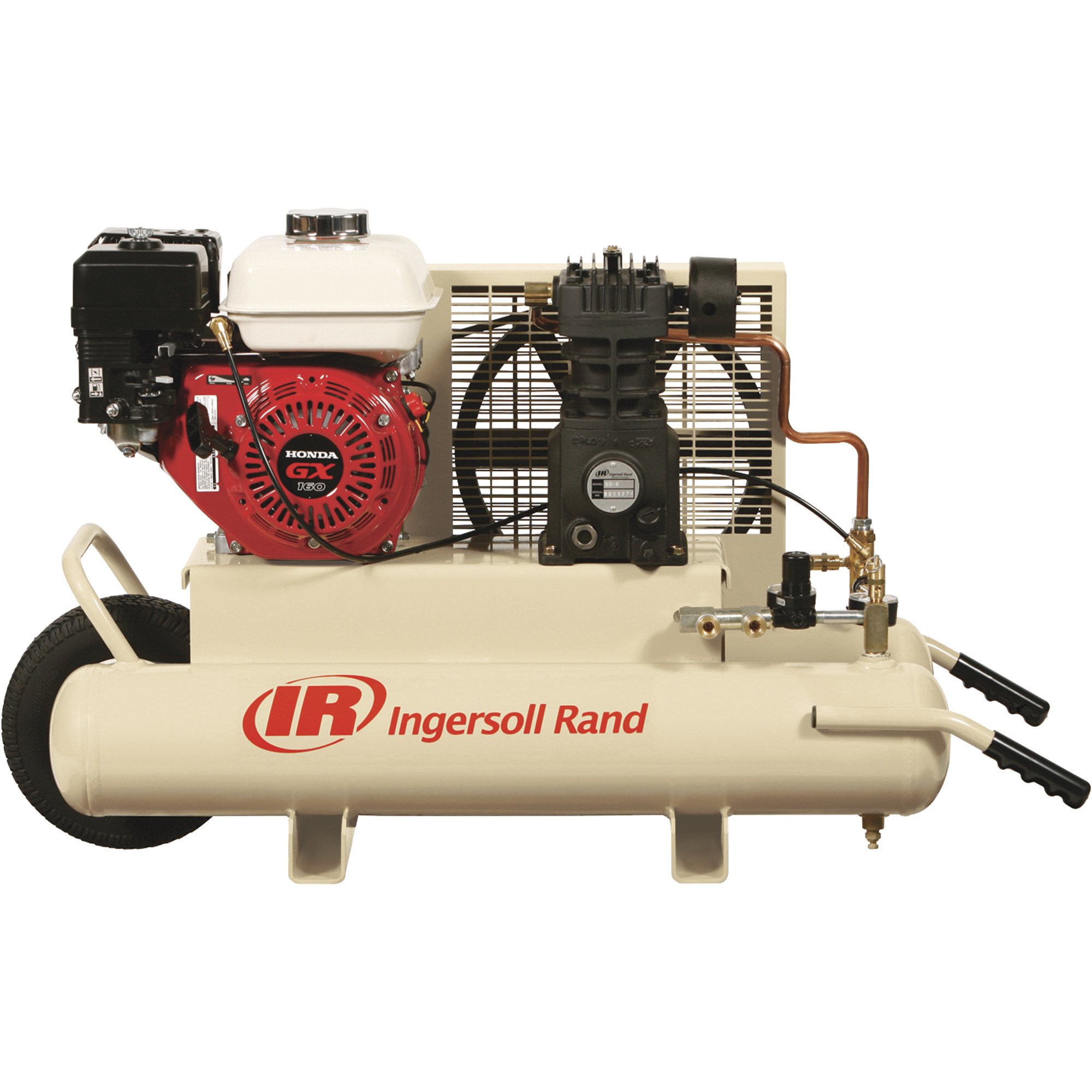 Compresor de aire portátil de gasolina Ingersoll Rand, motor Honda de 5.5 HP, 8 galones horizontales, 11.8 CFM a 90 PSI, modelo #SS3J5.5GHWB.