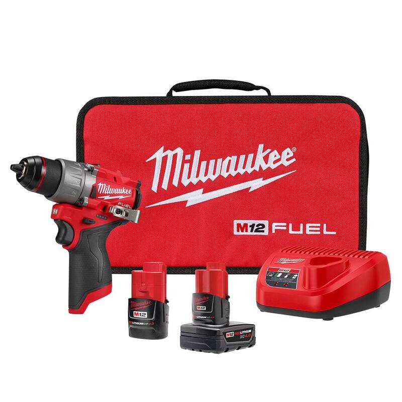 Milwaukee M12 FUEL 12V Kit de taladro inalámbrico sin escobillas de iones de litio de 1/2 pulgadas con batería de 4.0Ah y 2.0Ah y estuche suave - 3403-22.