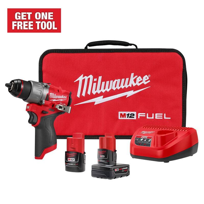Milwaukee M12 FUEL 12V Kit de taladro inalámbrico sin escobillas de iones de litio de 1/2 pulgadas con batería de 4.0Ah y 2.0Ah y estuche suave - 3403-22.