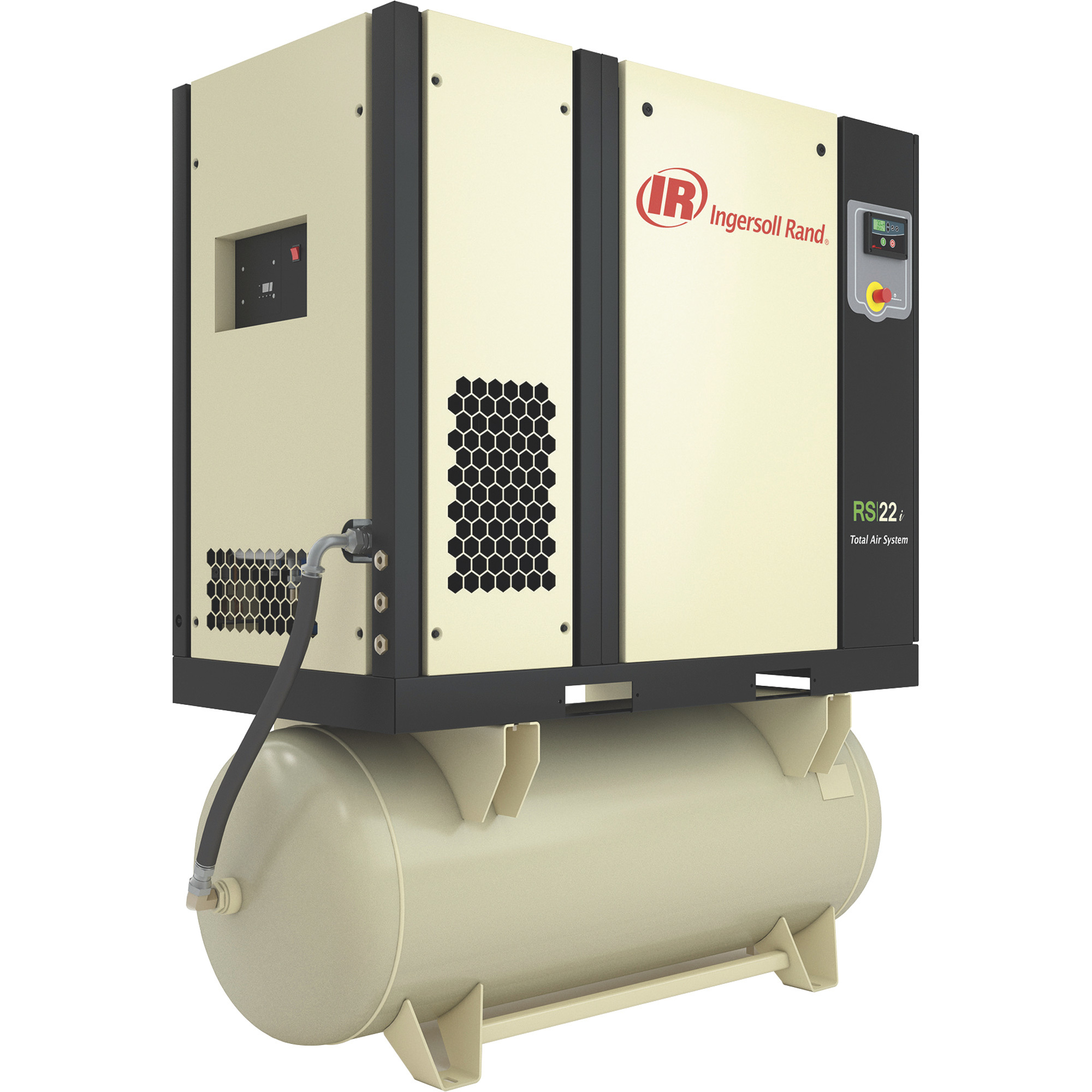 Compresor de aire rotativo de tornillo Ingersoll Rand Next Generation R-Series con secador de aire integrado — 20 HP, 120 galones horizontal, Modelo RS15i-A115-TAS.