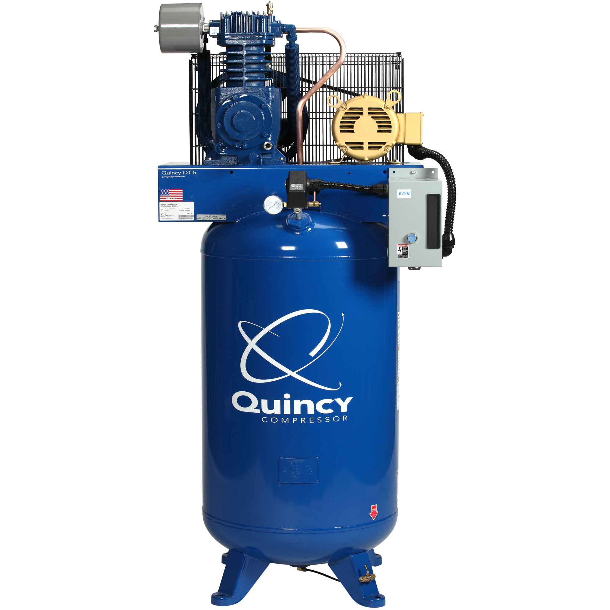 Compresor de aire Quincy, 5 caballos de fuerza, 80 galones, doble etapa, 230 volts, modelo# 451CS80VCB.