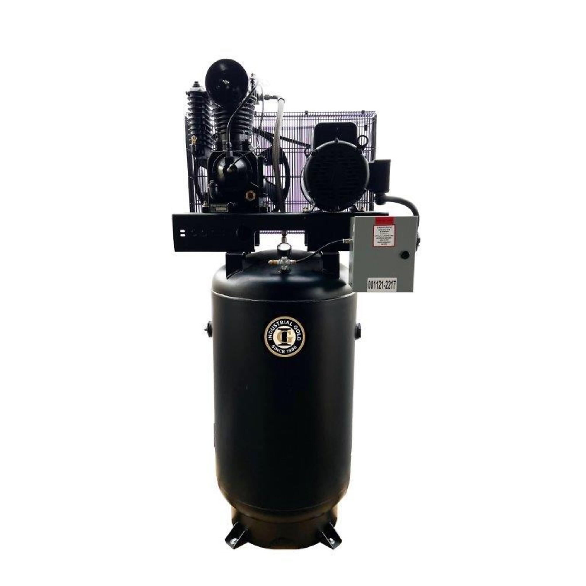 Compresor de aire Industrial Gold de 7.5hp, capacidad de 80 galones, 24 CFM a 175 PSI, 2 etapas. Modelo CI7521E80V (Voltaje 208-230)