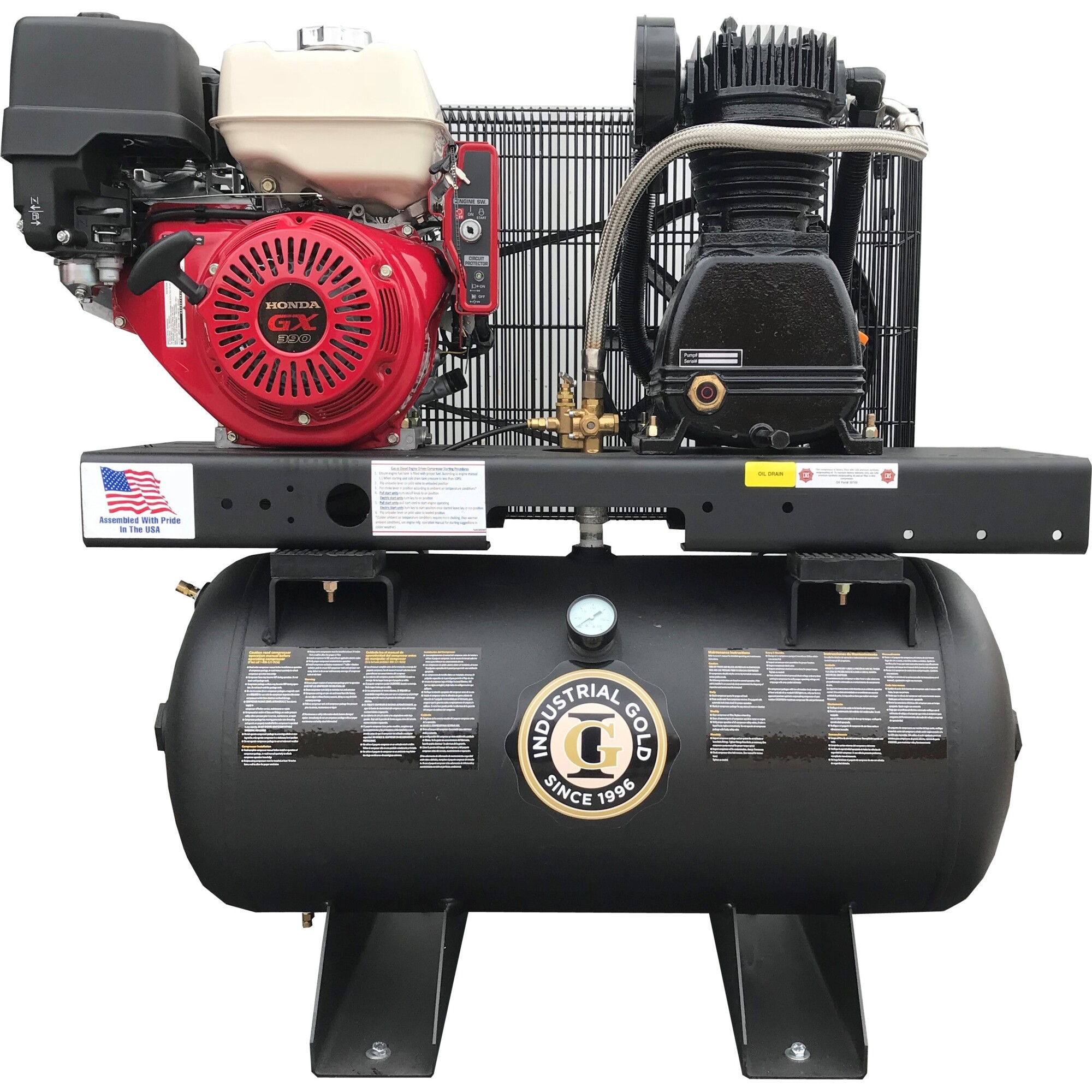 Compresor de Aire Industrial Gold 13hp con Arranque Eléctrico Honda, 24CFM/90PSI, de 2 Etapas, 13 HP, Tamaño del Tanque de Aire de 30 Gal, Modelo CI13GEH33