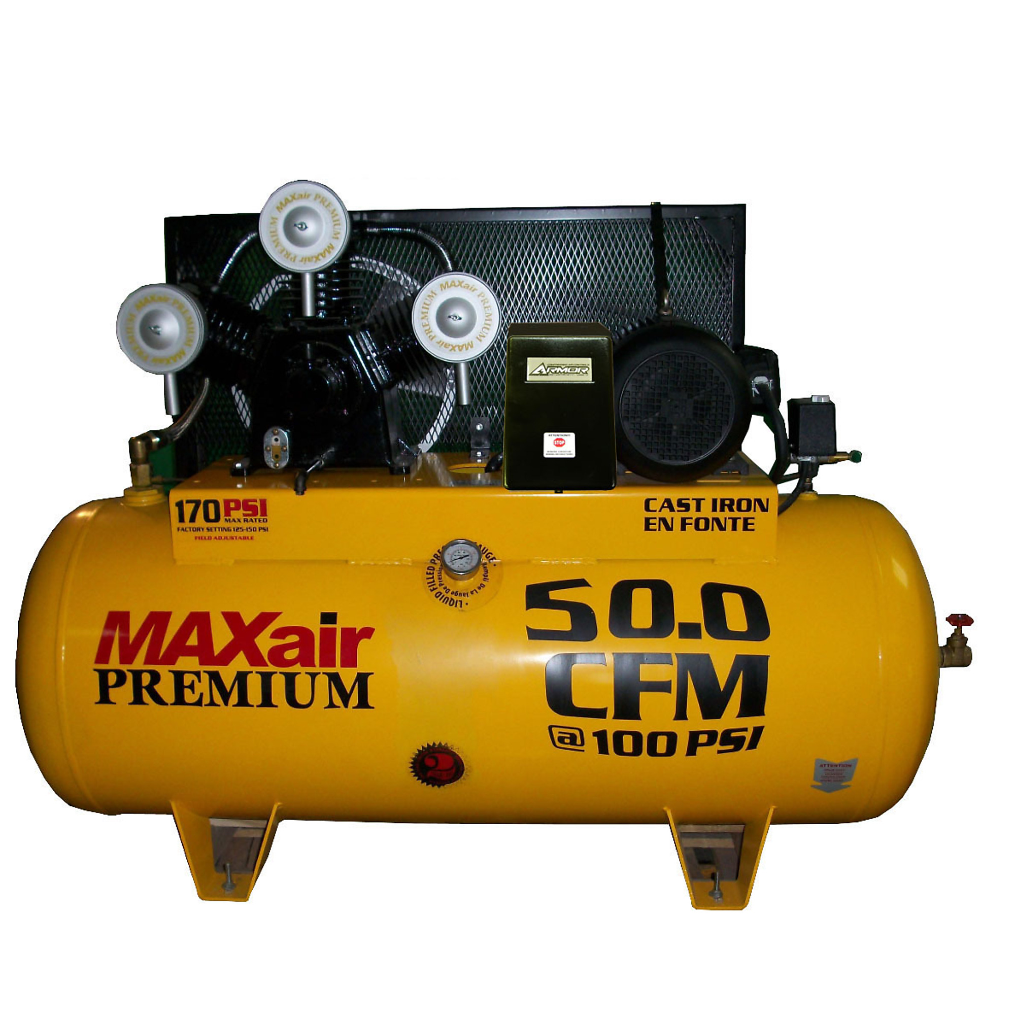 Compresor de aire MAXair de 120 galones y 50 CFM de alta calidad, con motor de 10 HP y tanque de aire de 120 galones. Modelo: C101120H1-MS208-MAP.