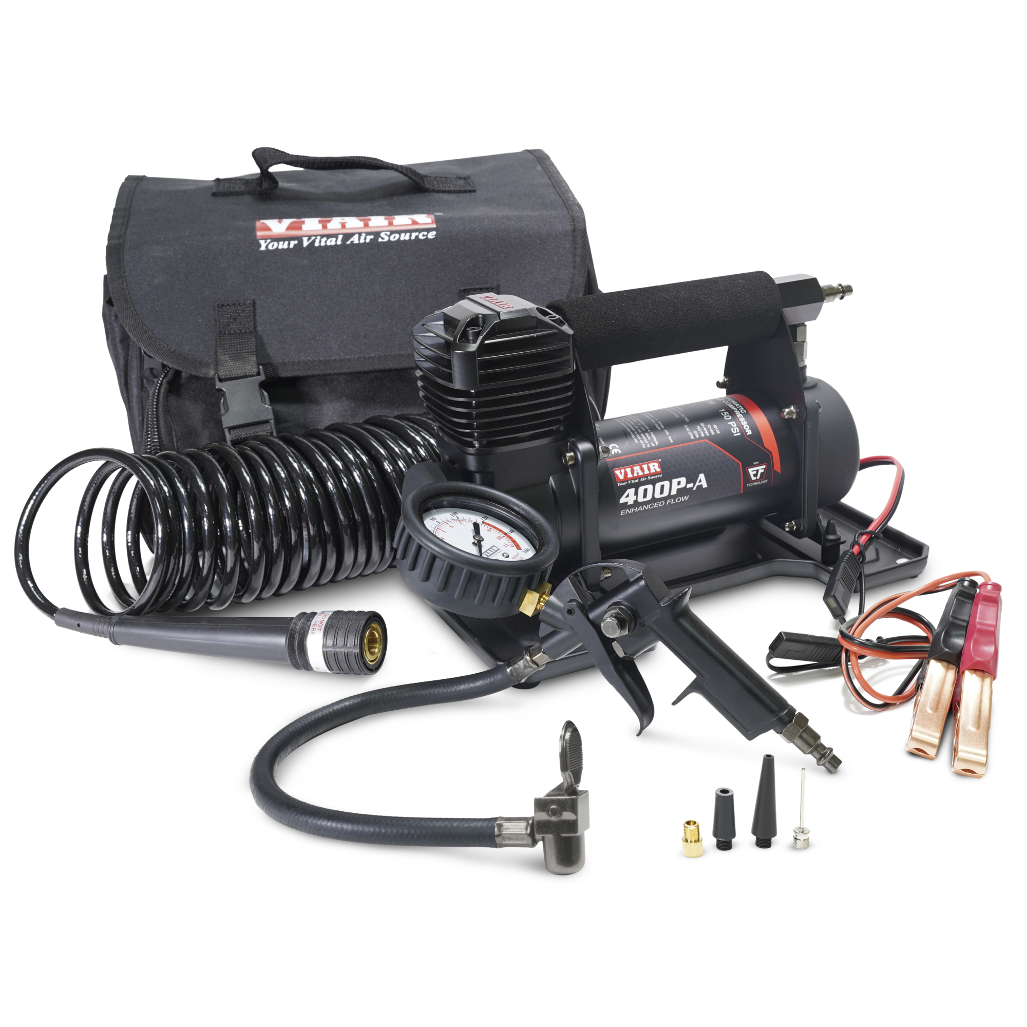 Compresor de aire portátil automático Viair 400P EF para inflar llantas, con un máximo de 150 PSI y fuente de poder eléctrica, modelo # 40145.