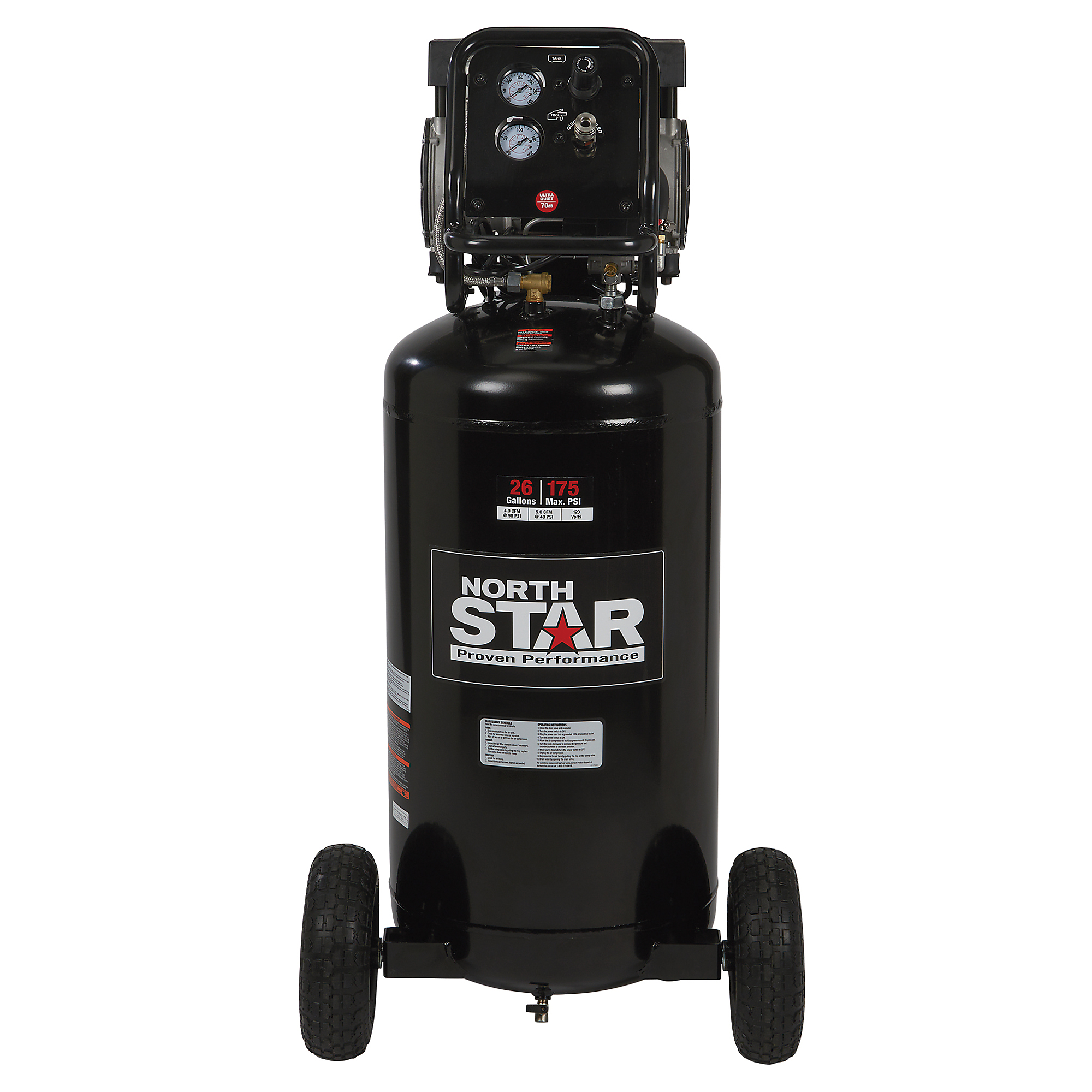 Compresor de aire eléctrico portátil y silencioso NorthStar, 1.5 HP, 26 galones, 4 SCFM @ 90 PSI.