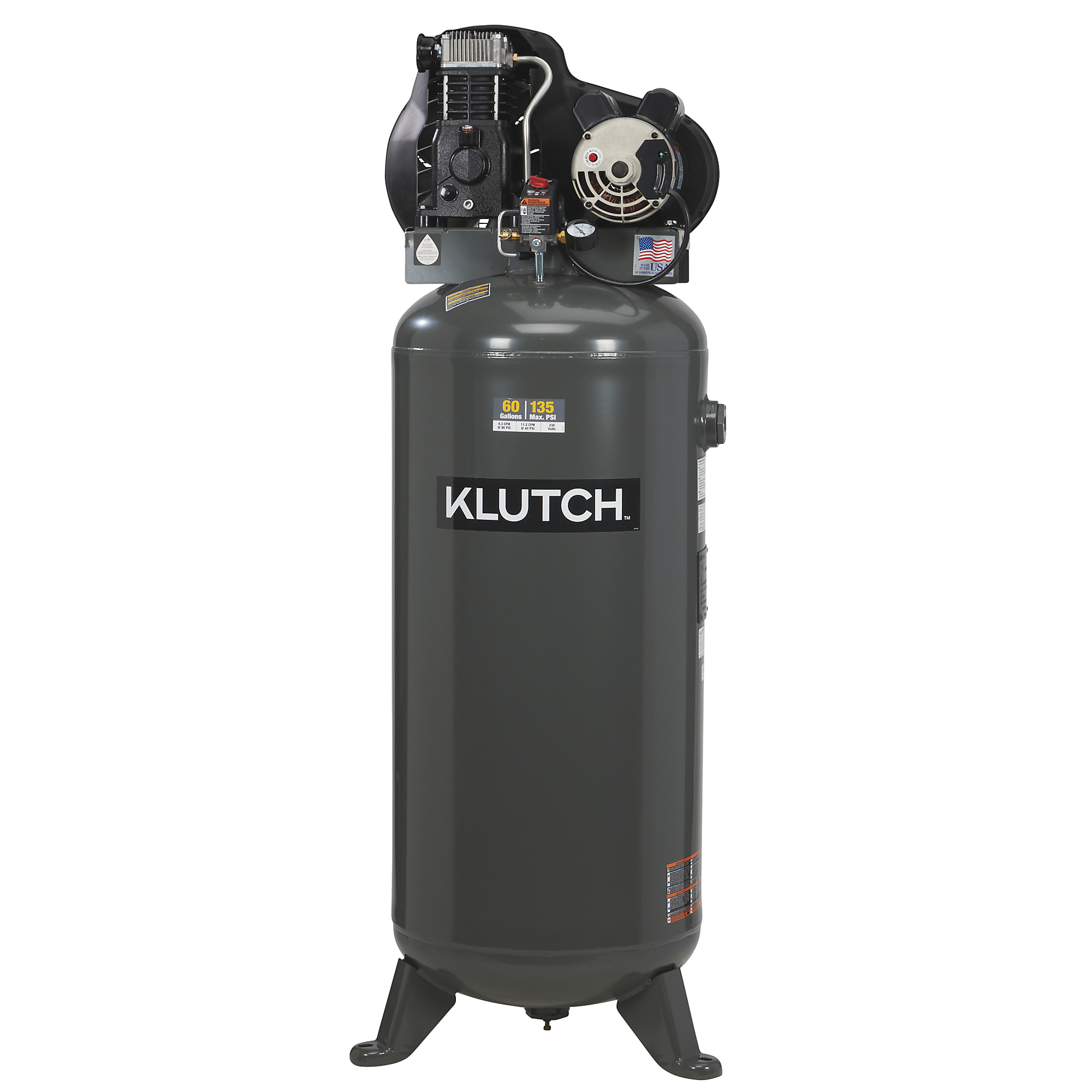 Compresor de aire vertical de una etapa Klutch de 60 galones, 3.7 HP, 230 volts