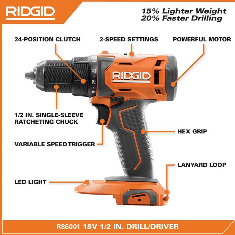 RIDGID 18V Taladro/destornillador inalámbrico de 1/2 pulgadas con (1) Batería de 2.0 Ah y Cargador - R86001K