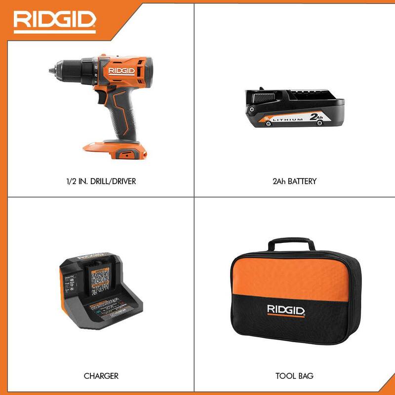 RIDGID 18V Taladro/destornillador inalámbrico de 1/2 pulgadas con (1) Batería de 2.0 Ah y Cargador - R86001K