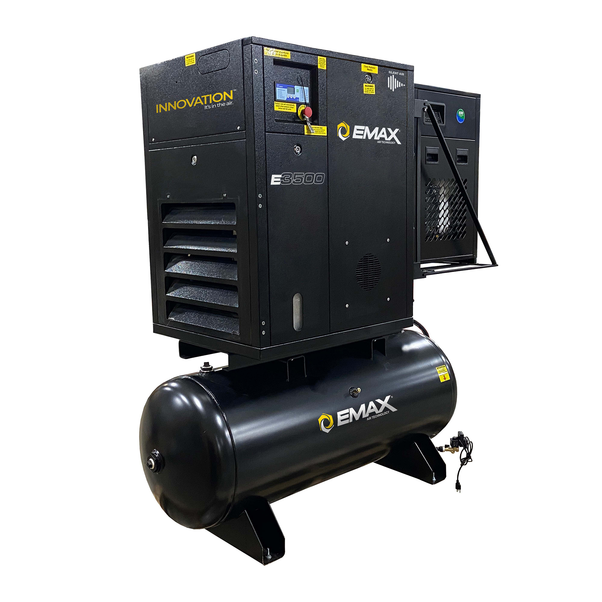 Compresor rotativo de tornillo Emax 1PH montado en tanque con secador de aire, potencia de 10 HP, tanque de 80 galones, voltaje de 230 V Modelo ERIK010001.