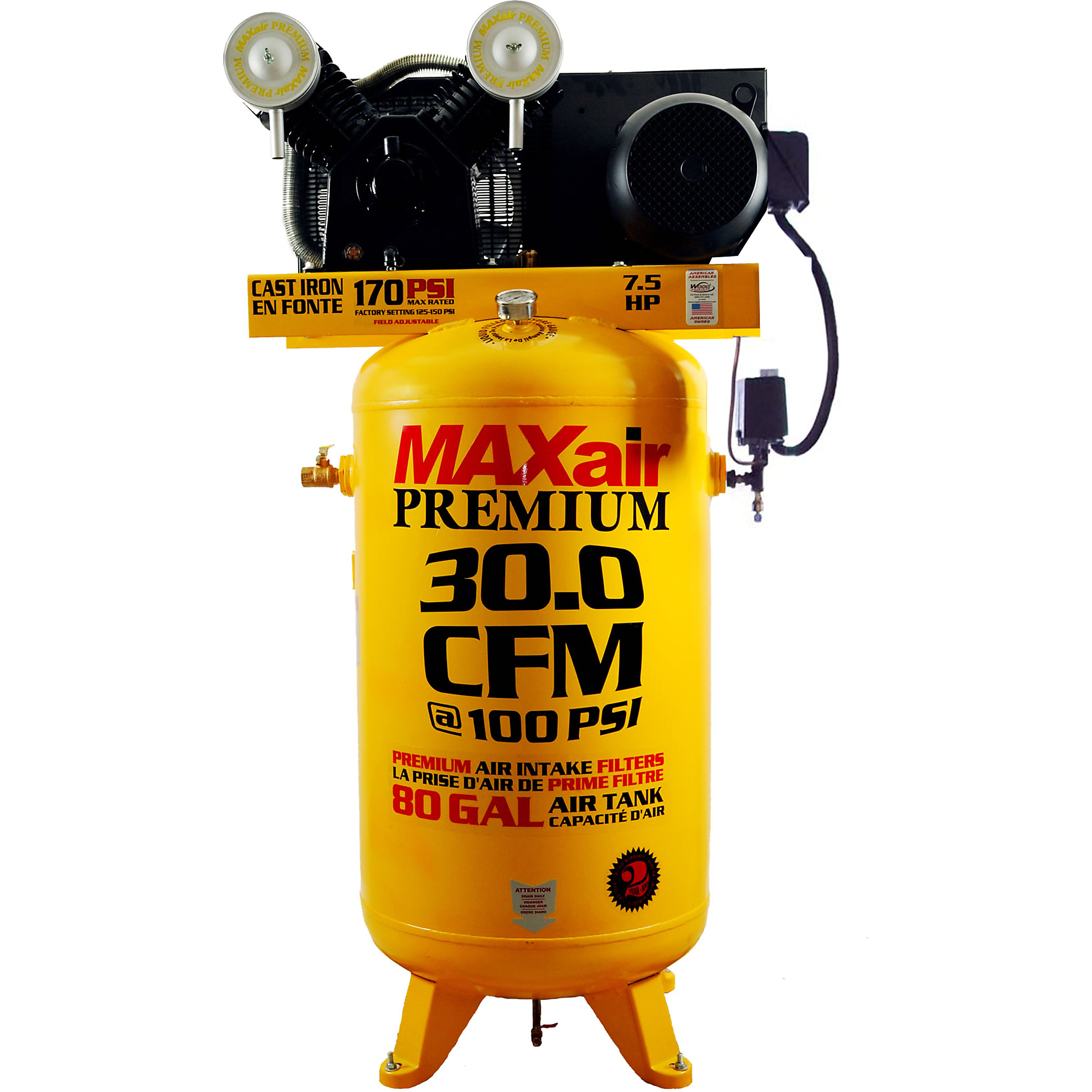 Compresor de Aire Premium MAXair 80 Galones, 30 CFM, 7.5 HP, Modelo C7380V1-CS2-MAP