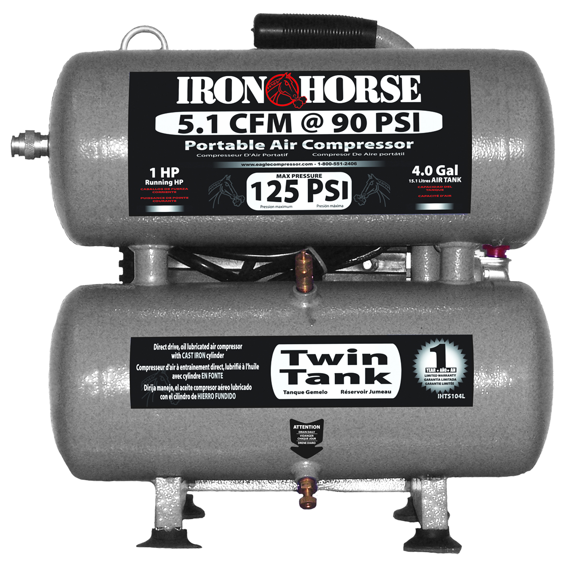 Compresor Twin Stack Iron Horse de 4 galones con manguera y accesorios. Potencia de 1 HP y tanque de aire de 4 galones. Modelo IHTS104L-AK.