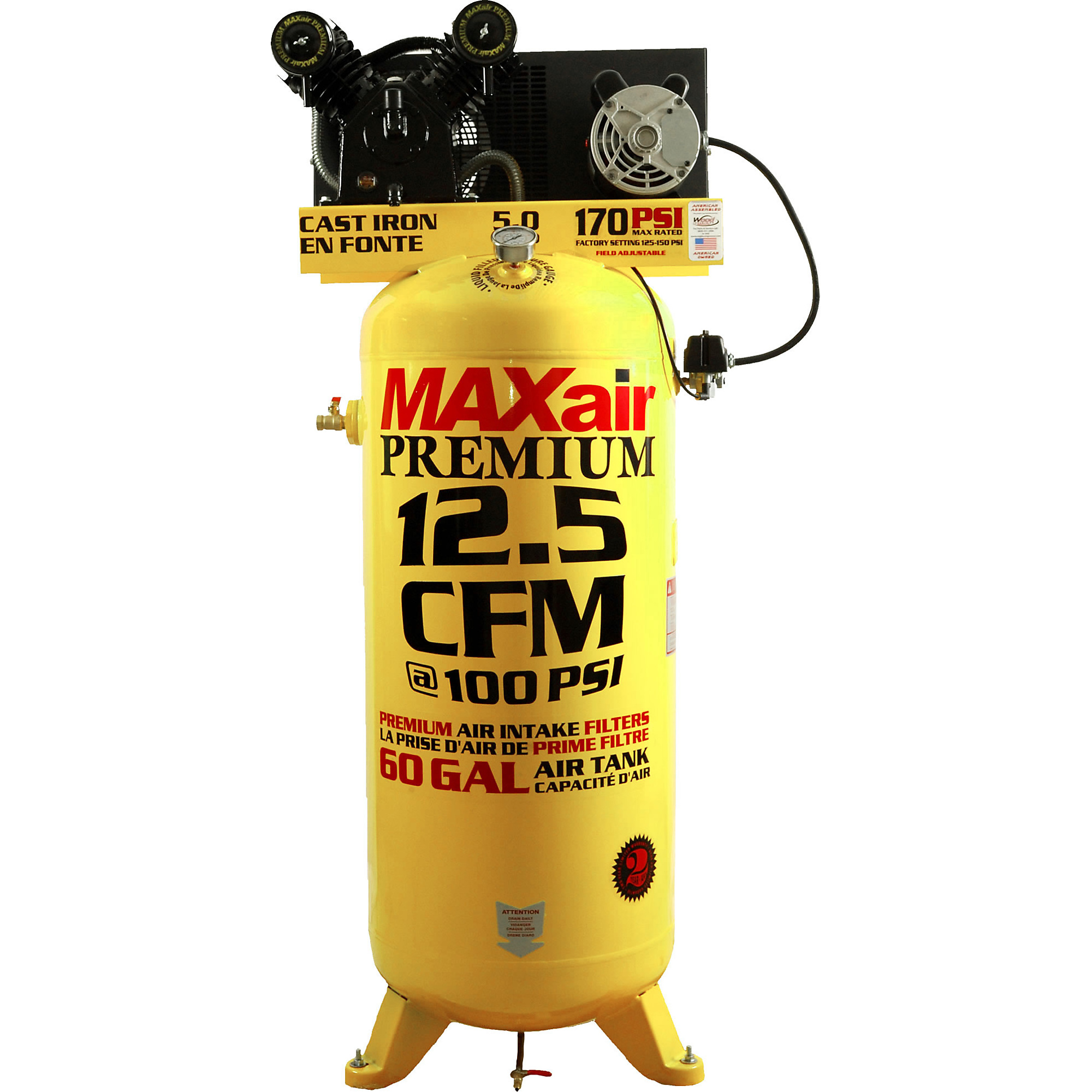 Compresor de aire premium MAXair de 60 galones con 12.5 CFM y 4 HP - 220V. Modelo C4160V1-MAP.