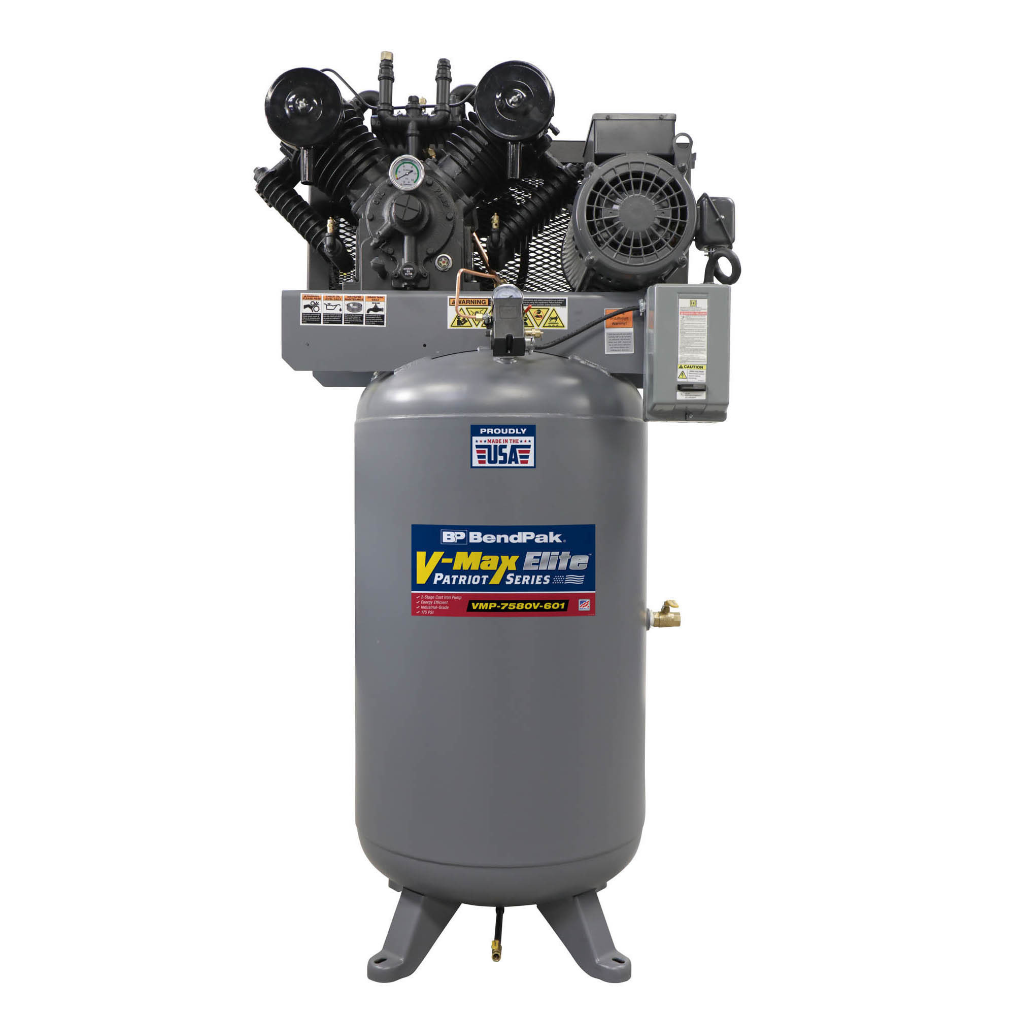Compresor de aire BendPak V-Max Patriot, 7.5 HP, tanque vertical de 80 galones, modelo VMP-780V-601.
