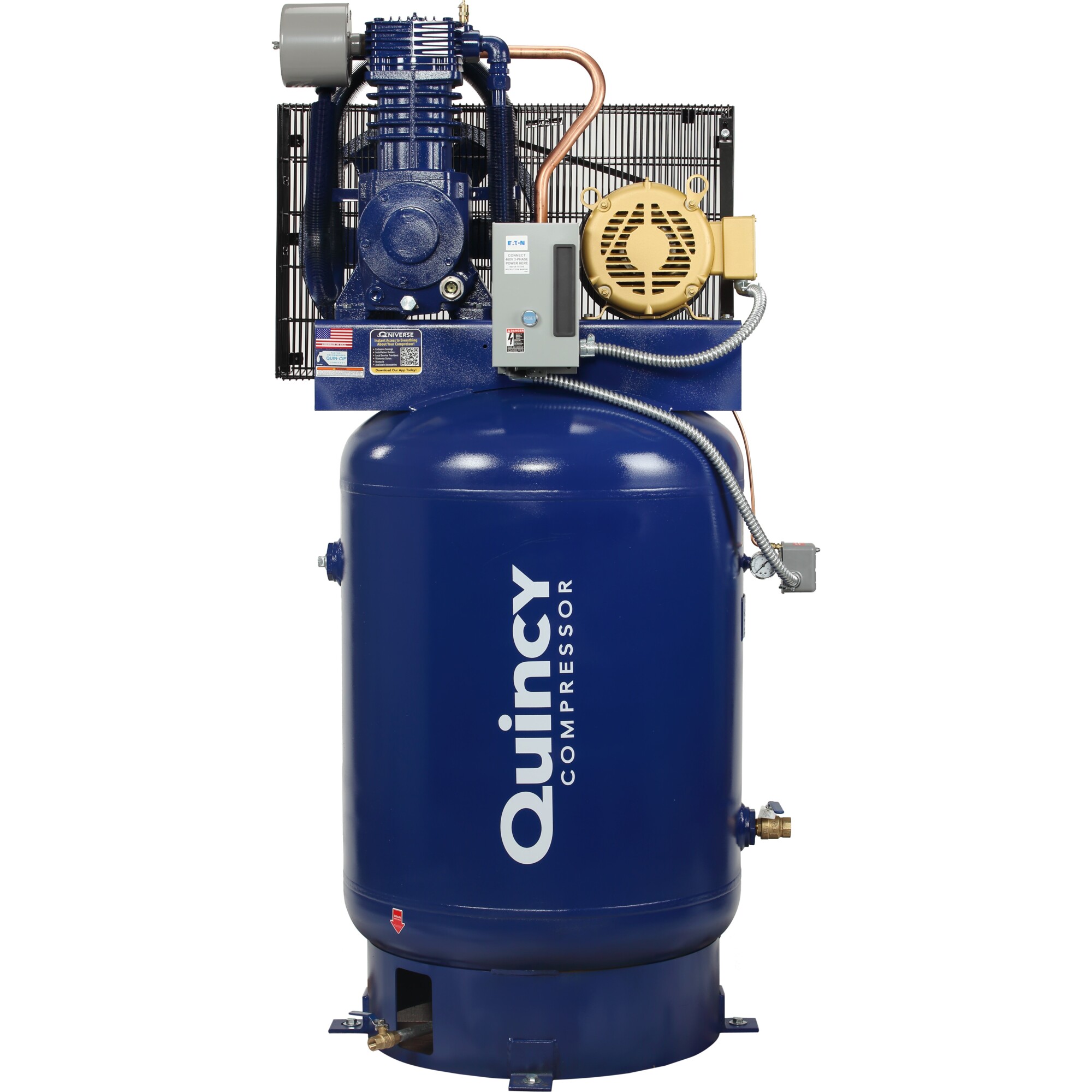 Compresor de aire de dos etapas Quincy, 10 caballos de fuerza, 120 galones, 200 volts, Modelo# 4103DS12VCB20.