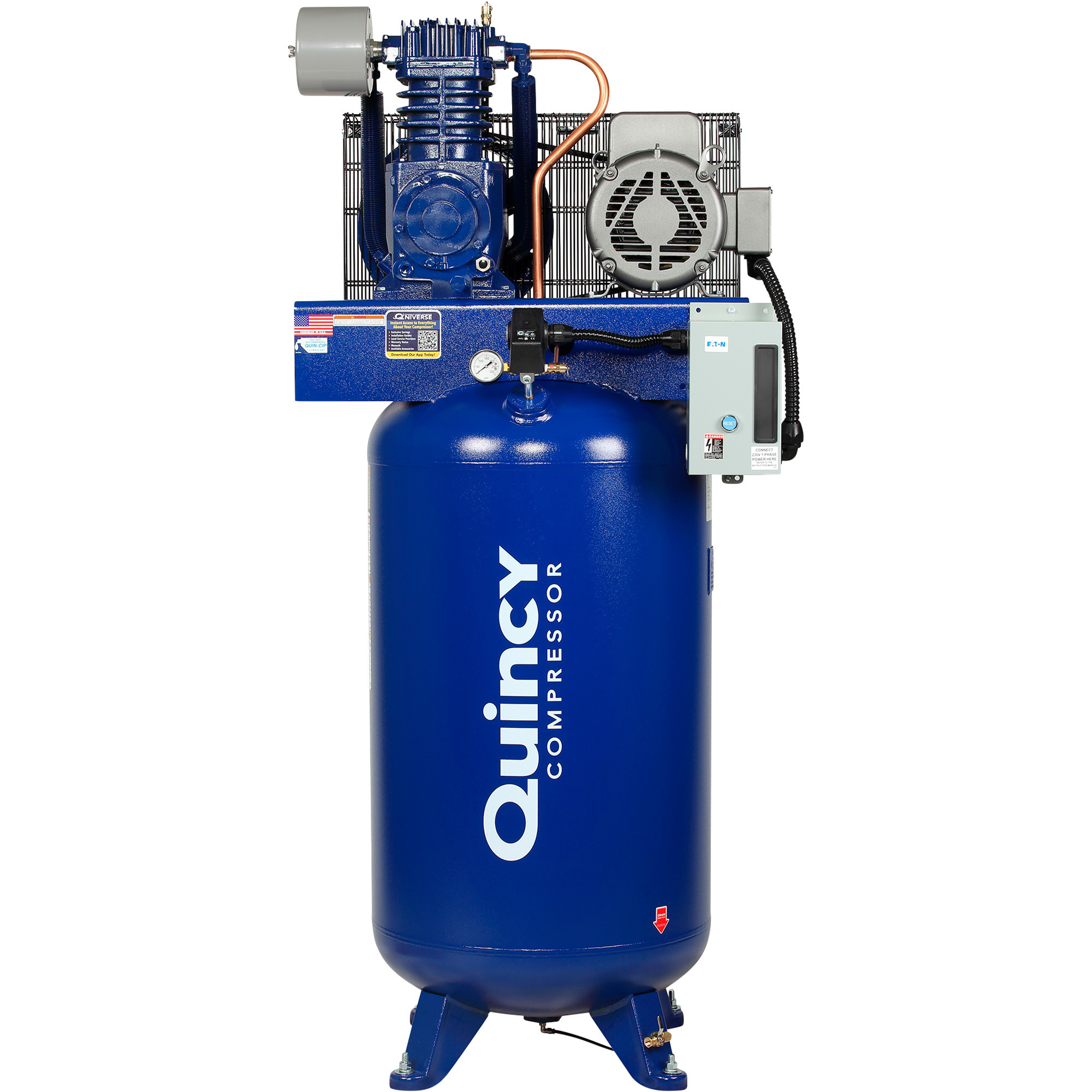 Compresor de aire reciprocante Quincy QT-7.5, lubricado por salpicadura, 7.5 HP, 230 voltios, 1 fase, 80 galones verticales, modelo 271CS80VCB.