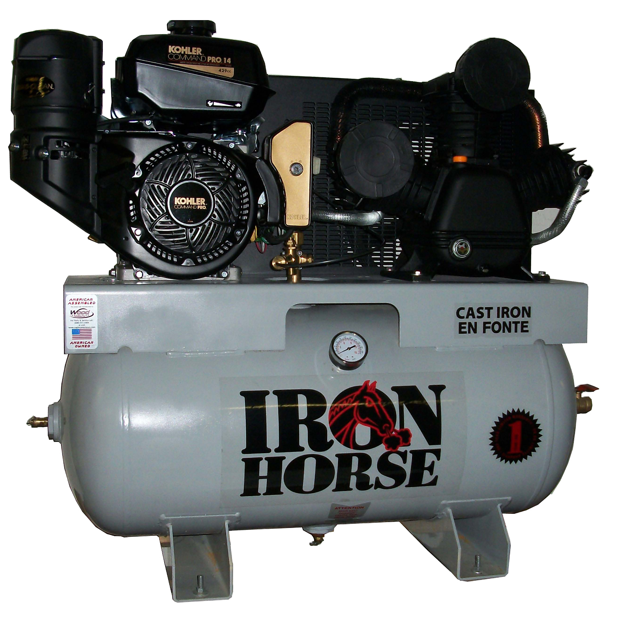 Compresor montado en camioneta Iron Horse de 30 galones, Potencia 14 HP, Capacidad del tanque de aire de 30 galones, Modelo# IH14G30TRKE.