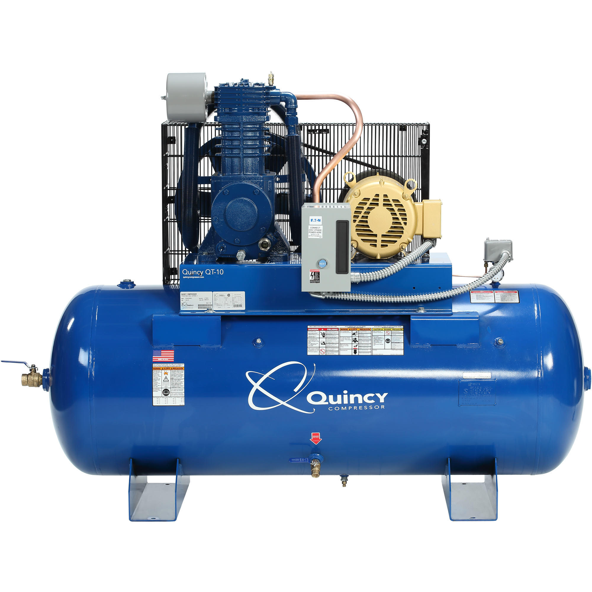 Compresor de aire Quincy, QT-2 10hp 120G 2 etapas 200V 3 fases H PRO, 10 HP de potencia, tanque de aire de 120 galones, modelo# 4103DS12HCB20.