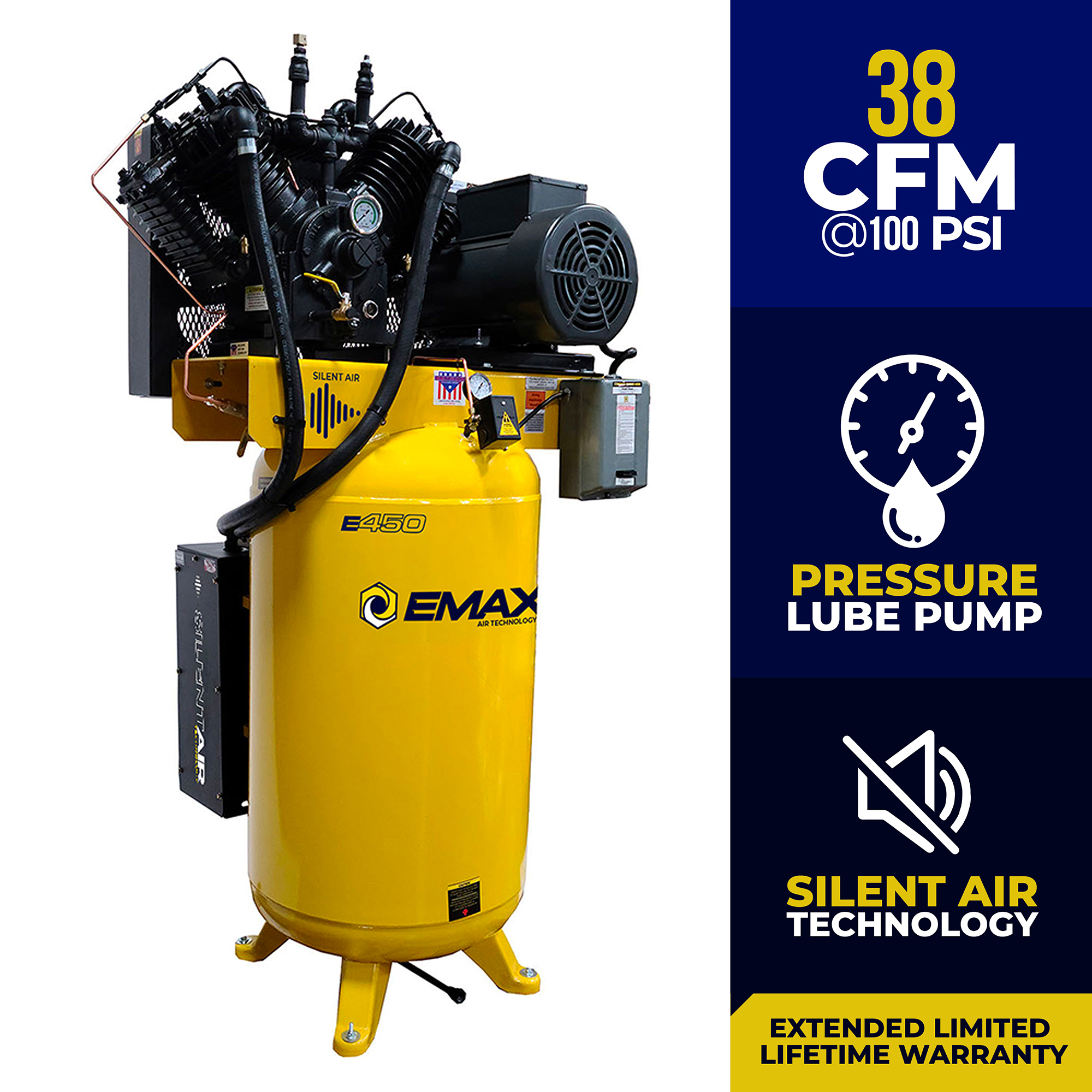 Compresor de Aire EMAX Silent Air Ind 10HP 3Ph 2Stage 80G Vert, 10 HP, Tanque de 80 Galones. Modelo # ESP10V080V3-208, 208/230 Volts.
