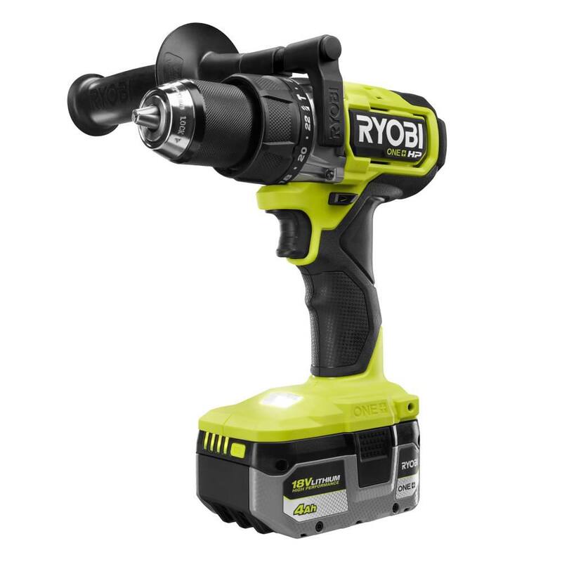 RYOBI ONE+ HP 18V Taladro de martillo inalámbrico sin escobillas de 1/2 pulg. con kit de batería de alto rendimiento de 4.0 Ah, cargador y bolsa de herramientas - PBLHM101K