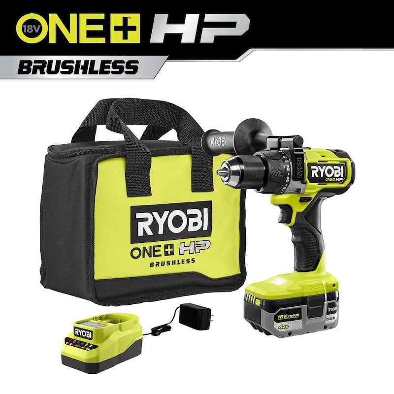 RYOBI ONE+ HP 18V Taladro de martillo inalámbrico sin escobillas de 1/2 pulg. con kit de batería de alto rendimiento de 4.0 Ah, cargador y bolsa de herramientas - PBLHM101K