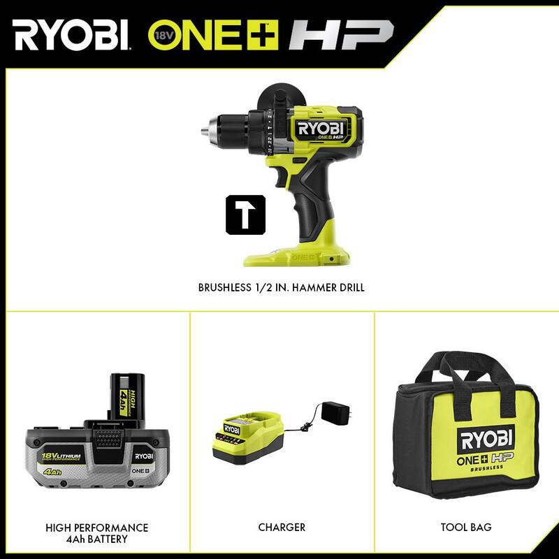RYOBI ONE+ HP 18V Taladro de martillo inalámbrico sin escobillas de 1/2 pulg. con kit de batería de alto rendimiento de 4.0 Ah, cargador y bolsa de herramientas - PBLHM101K