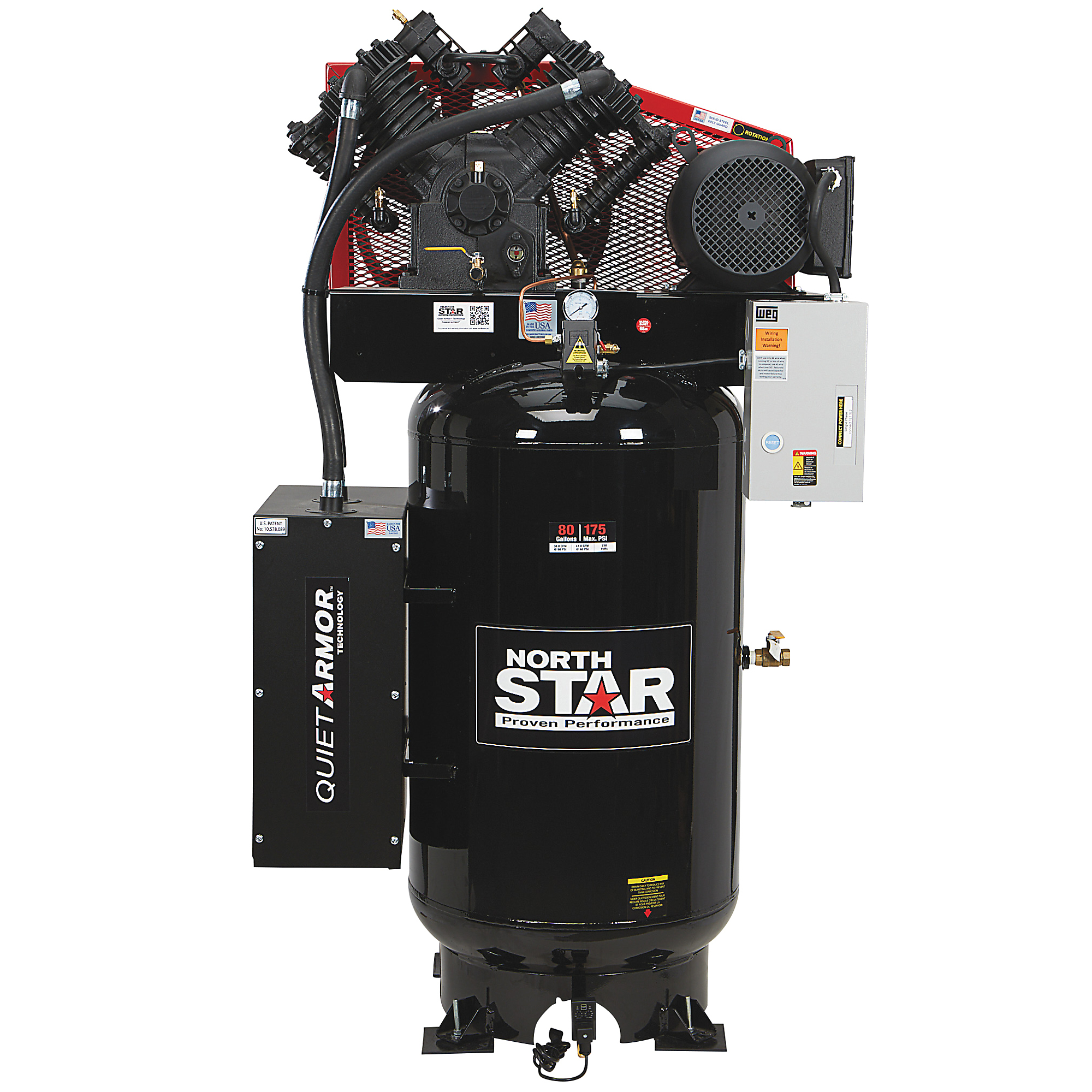 Compresor de aire NorthStar con Quiet Armor, 80 galones, 10 HP, 38 CFM @ 90 PSI, 175 PSI máximo, 240V, Monofásico.