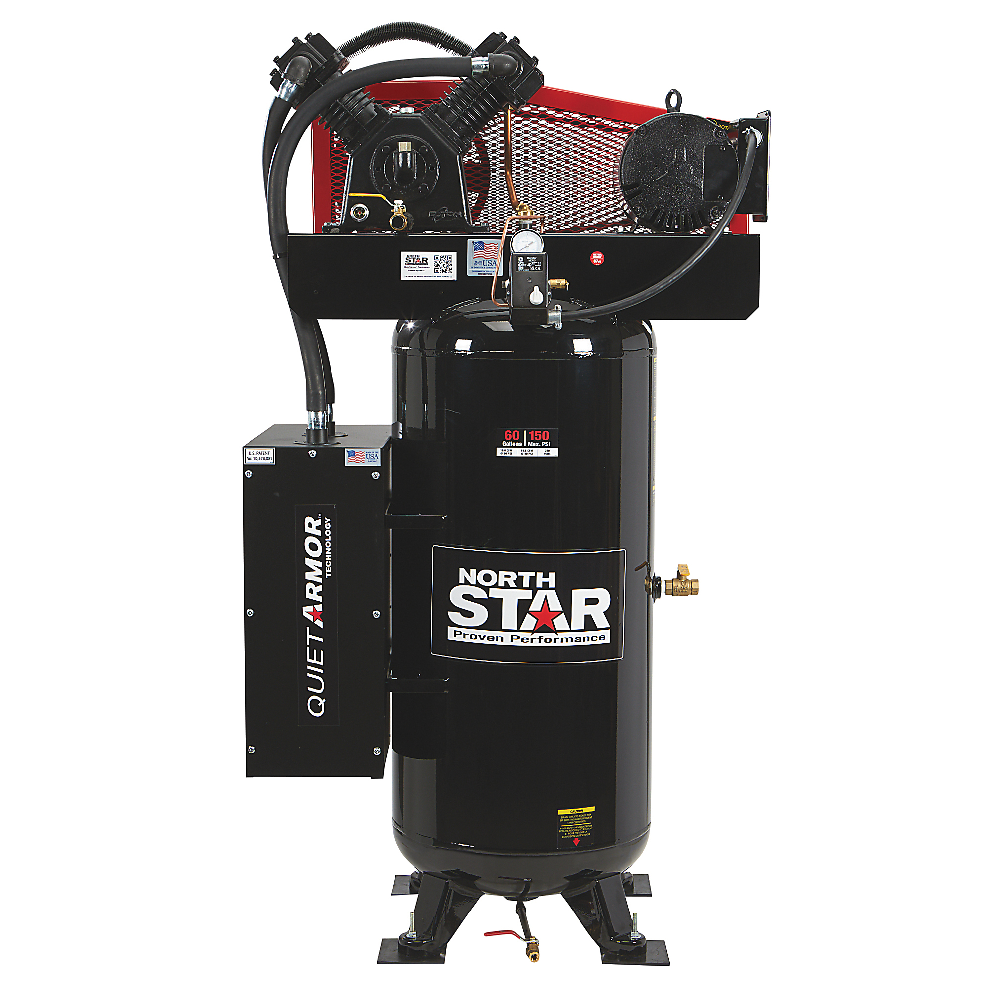 Compresor de aire NorthStar con Quiet Armor, 60 galones, 5 HP, 19 CFM @ 90 PSI, 150 PSI máx., 230V monofásico.