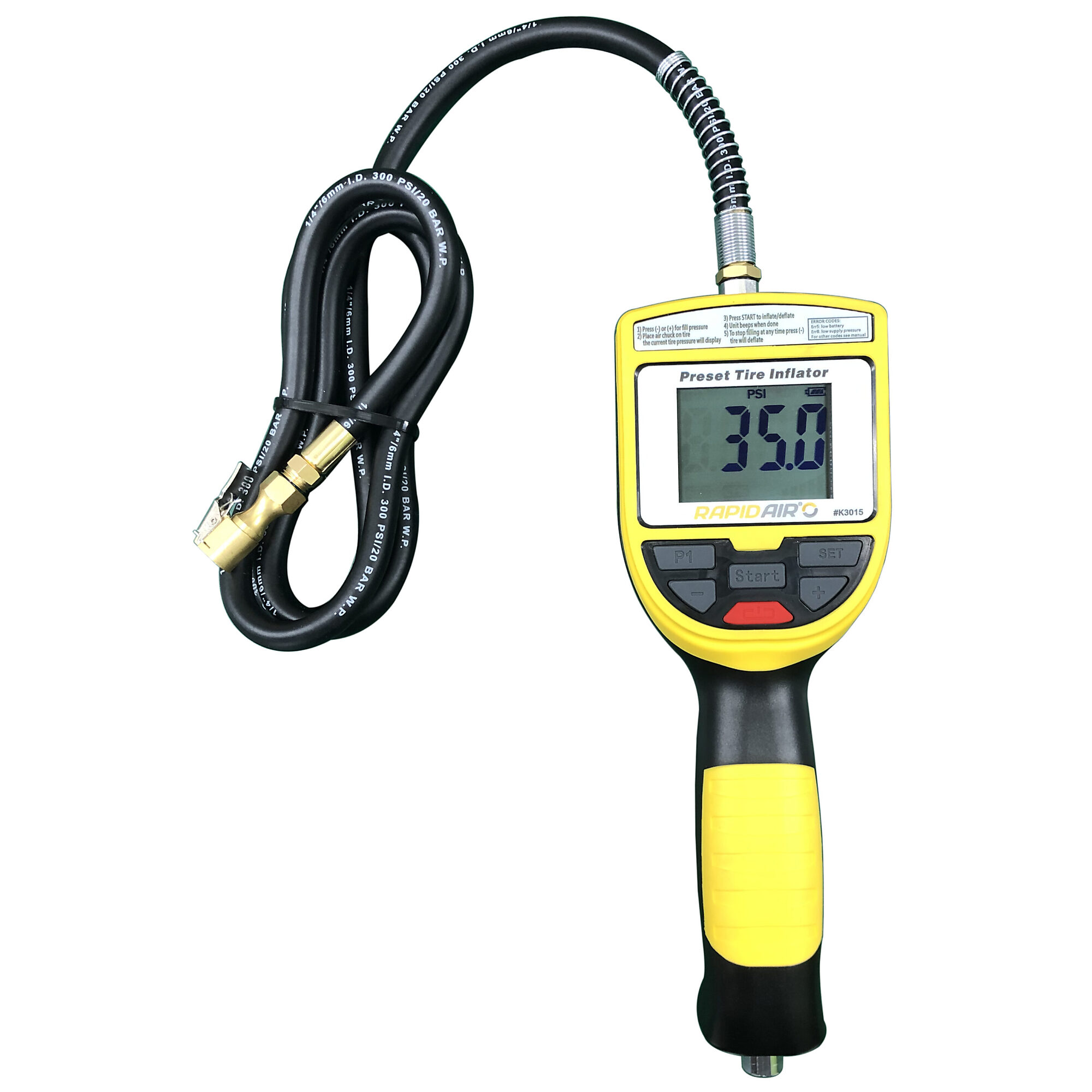 Inflador de llantas automático RapidAir - Recargable, presión de 5 psi a 175 psi, Potencia máxima de 175 PSI, Fuente de energía Batería, Modelo K3015.
