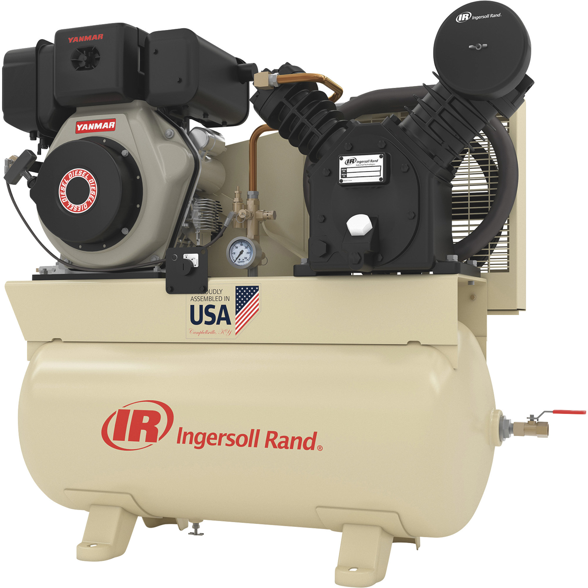 Compresor de aire Ingersoll Rand diesel, 10 HP motor Yanmar, tanque horizontal de 30 galones, 24.3 CFM, modelo # 2475F10DY.