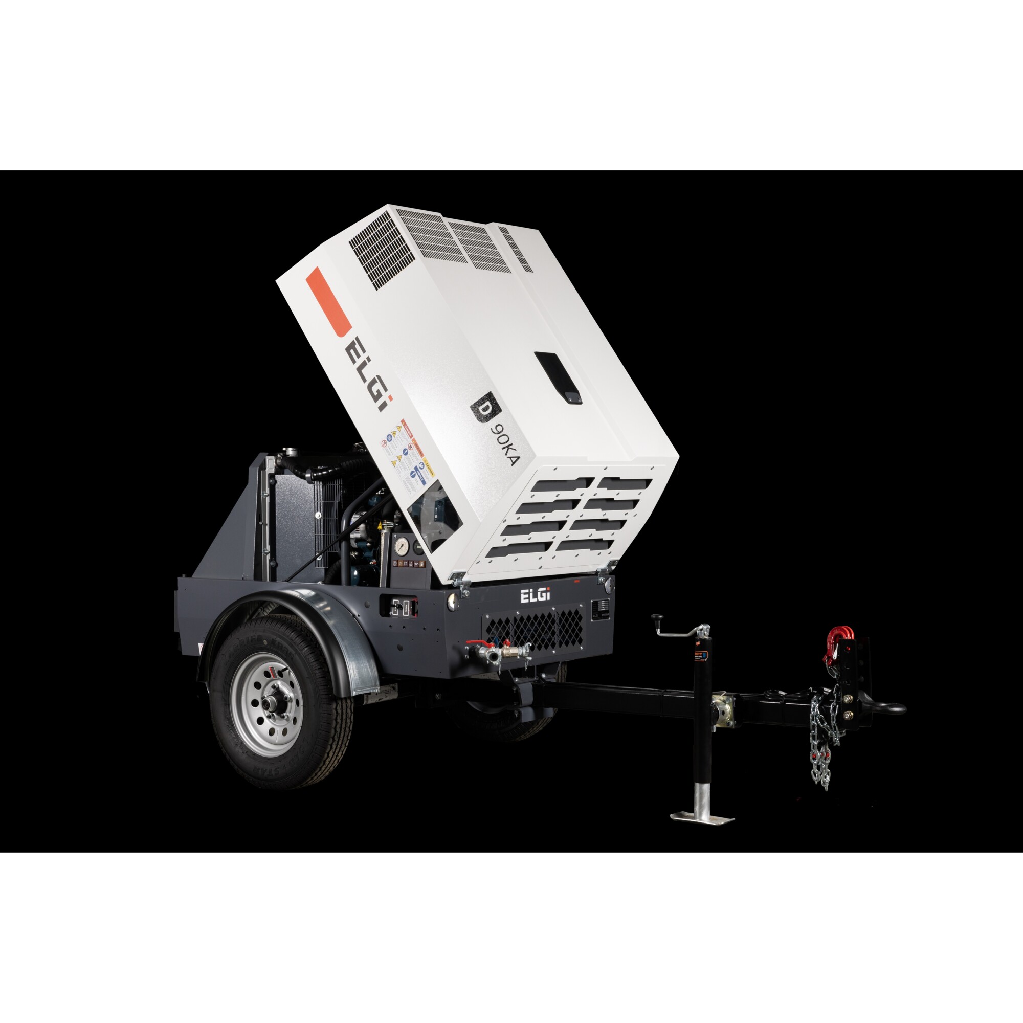 Compresor de aire montado en remolque ELGi, con 24.8 HP de potencia y modelo D90KA-P.