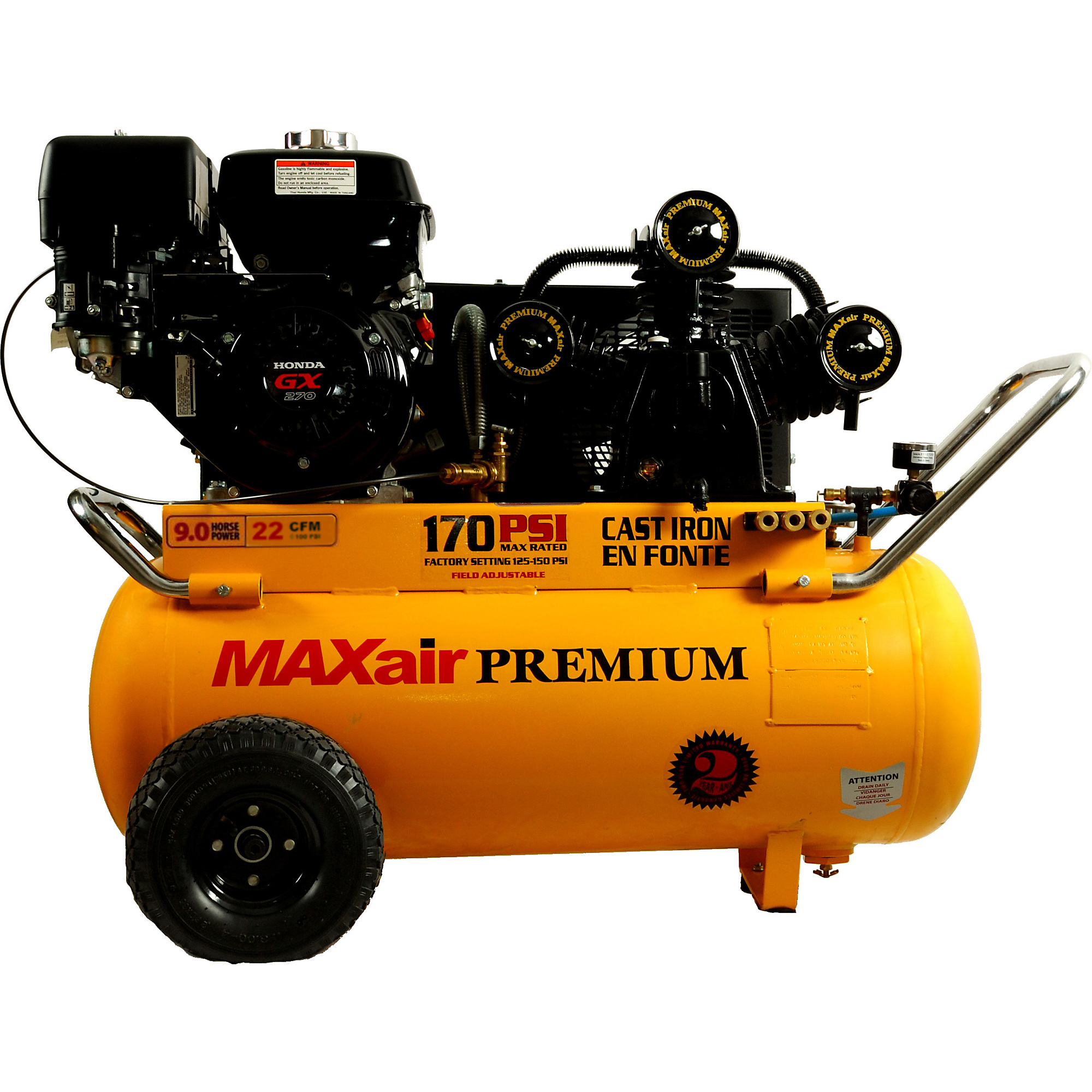 Compresor de aire premium MAXair de 22 CFM y 25 galones, 9 HP - Modelo P90G25H1 + MAP