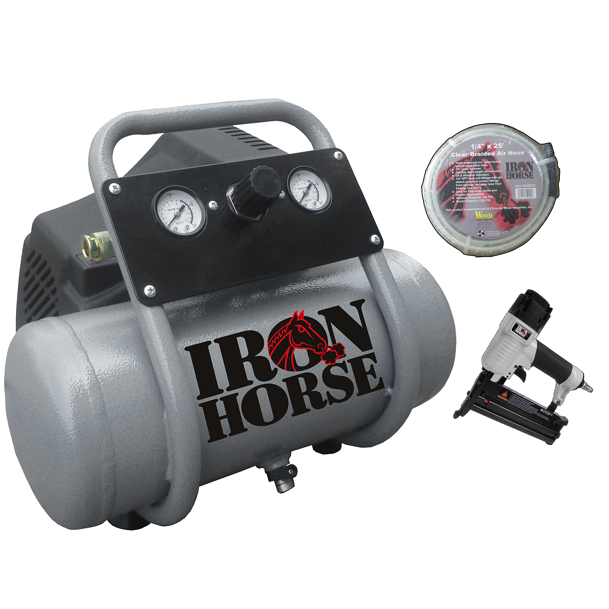 Compresor de aire Iron Horse + Clavadora engrapadora, manguera de aire de 25 pies. Potencia de 1 HP, tanque de aire de 2 galones, 120 voltios Modelo IHHD102OF-NK2.