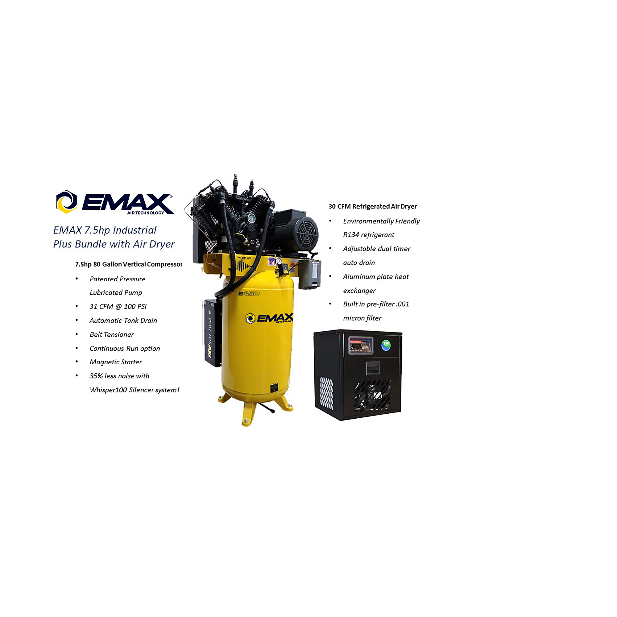 Paquete Compresor de Aire Vertical Silencioso EMAX, 7.5HP, 80 Gal, 230/460 Volts, Modelo# ESP07V080V3PK
