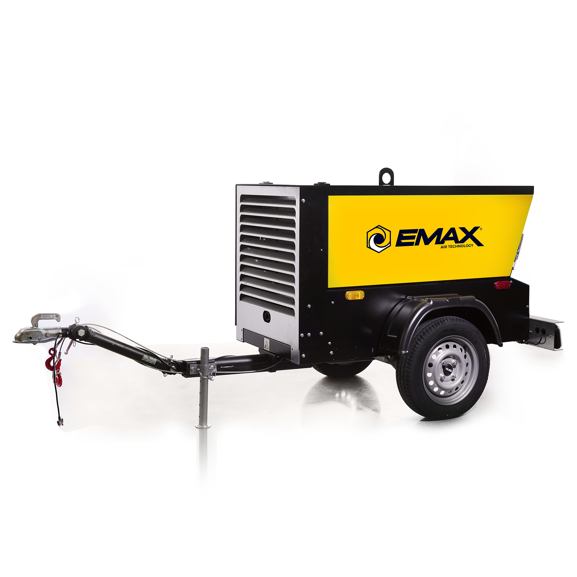 Compresor de aire de tornillo rotativo montado en remolque EMAX, 45HP, motor diesel Kubota, 185CFM, Modelo EDS185TR.