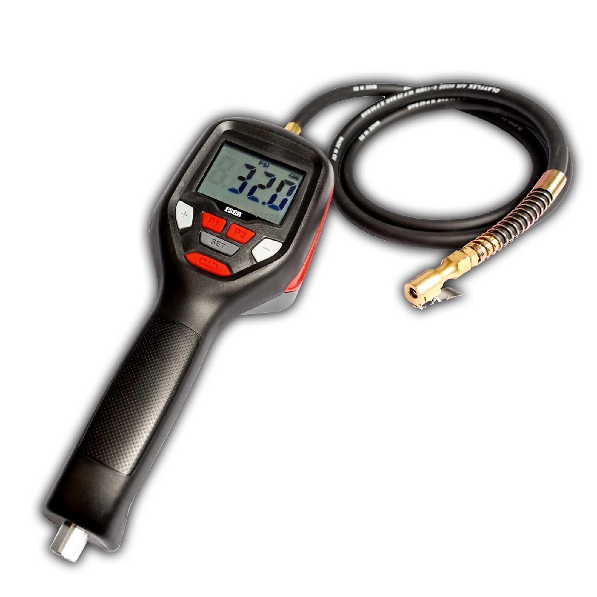 Inflador de llantas automático ESCO con pantalla LCD digital recargable, Max. PSI 174, fuente de energía batería, Modelo # 10963.