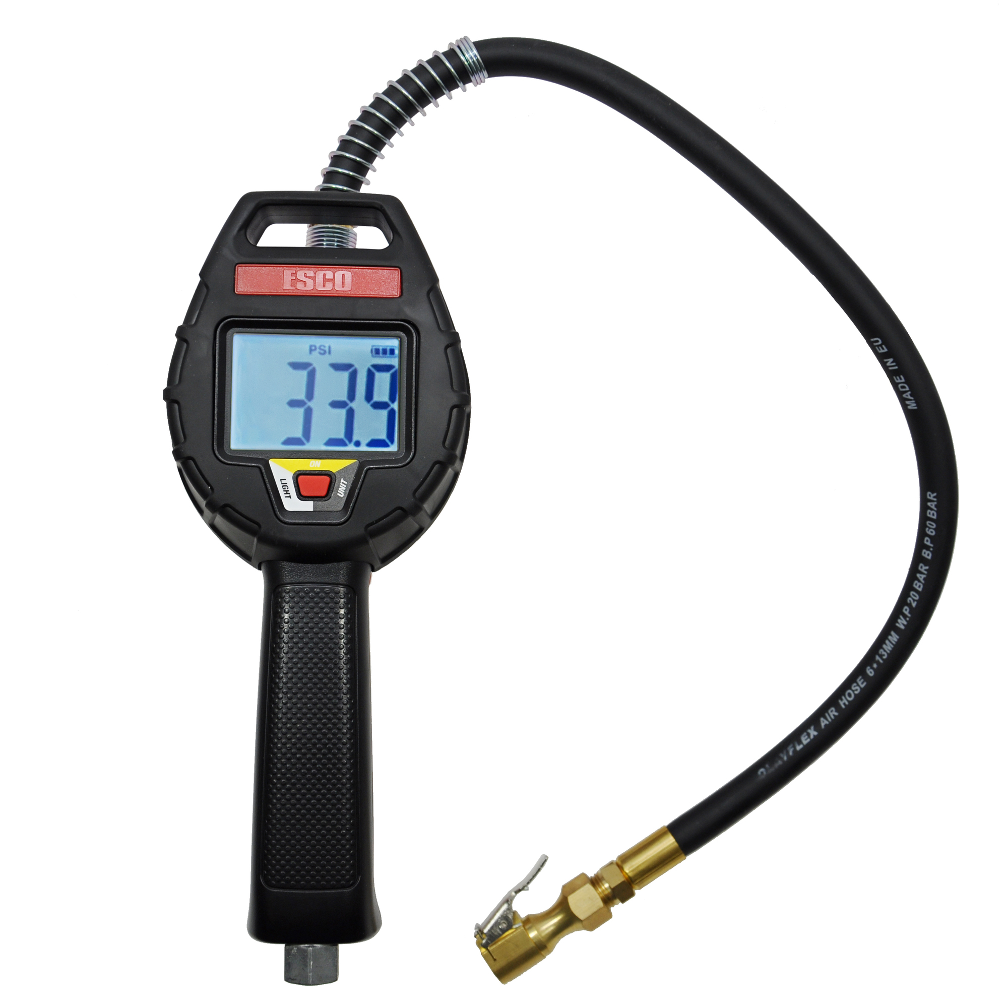 Inflador de llantas ESCO con medidor digital de presión - Max. PSI 174 - Batería recargable - Modelo #10961