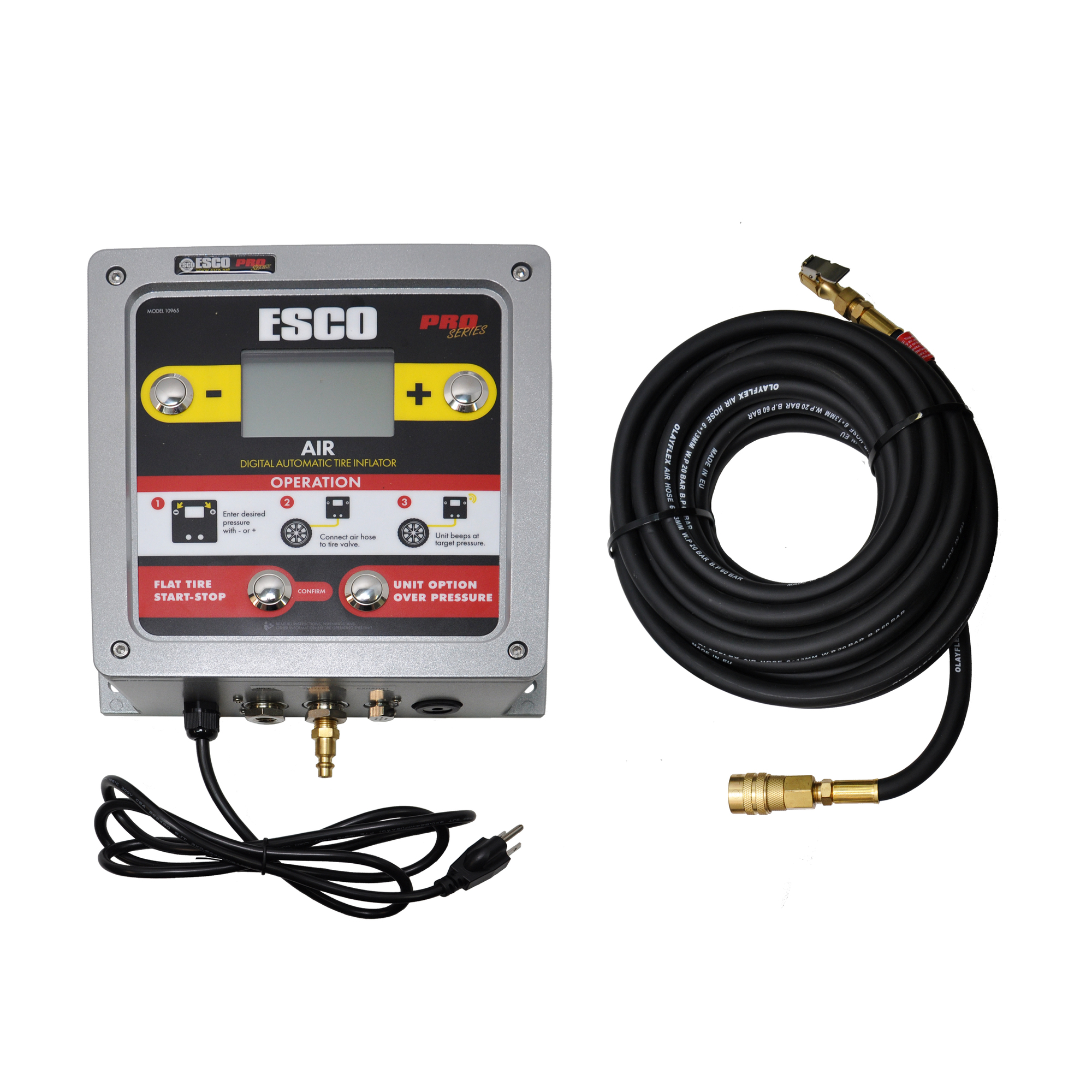Inflador de llantas montado en pared de ESCO, Máx. PSI 145, con fuente de energía cableada, Modelo# 10965.