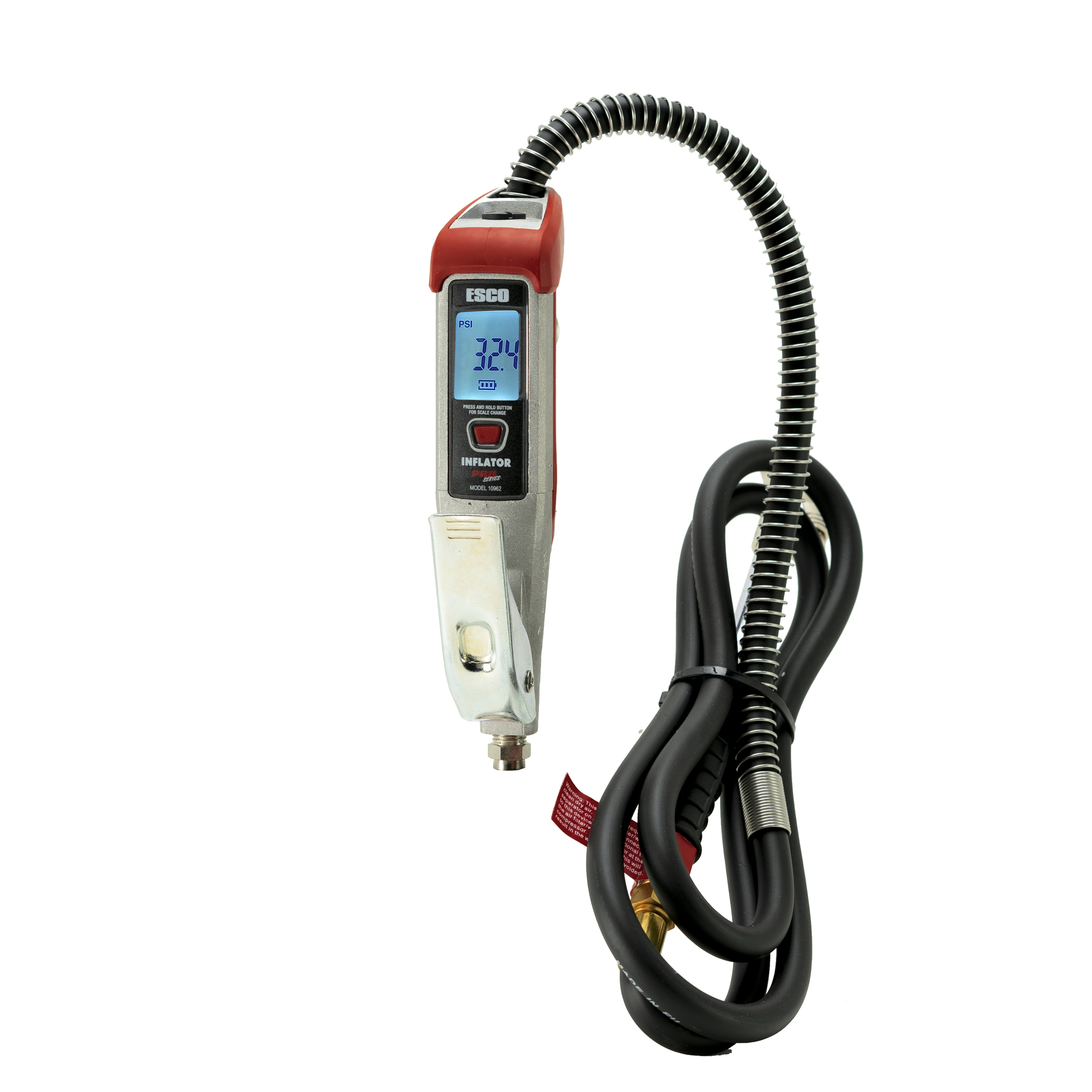 Inflador de llantas ESCO con medidor digital para batería con capacidad máxima de 200 PSI, modelo #10962-L.