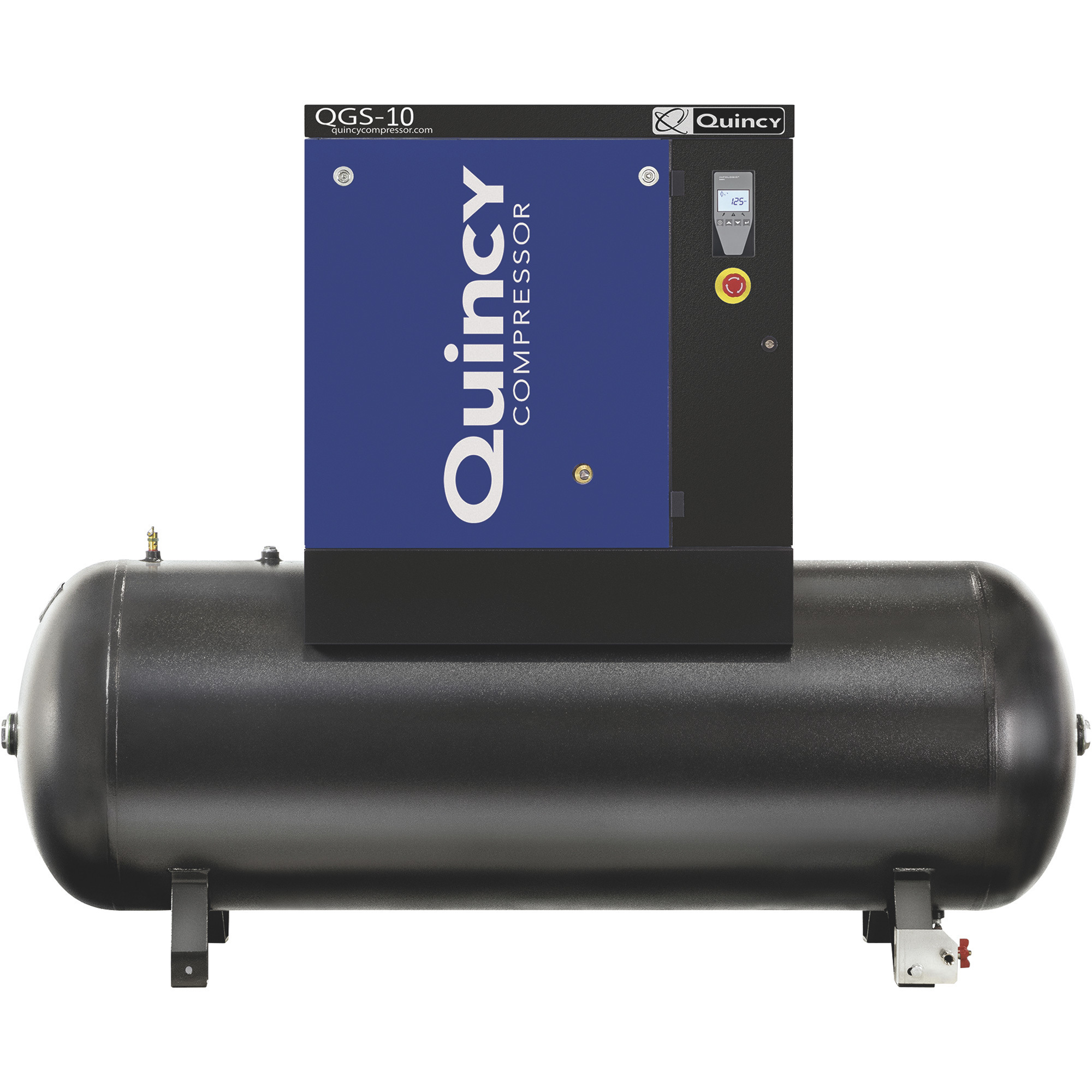 Compresor rotativo de tornillo Quincy QGS-10, 38.8 CFM a 125 PSI, Trifásico, 132 Galones, Horizontal, Montaje en Tanque, Modelo# 4152021972.