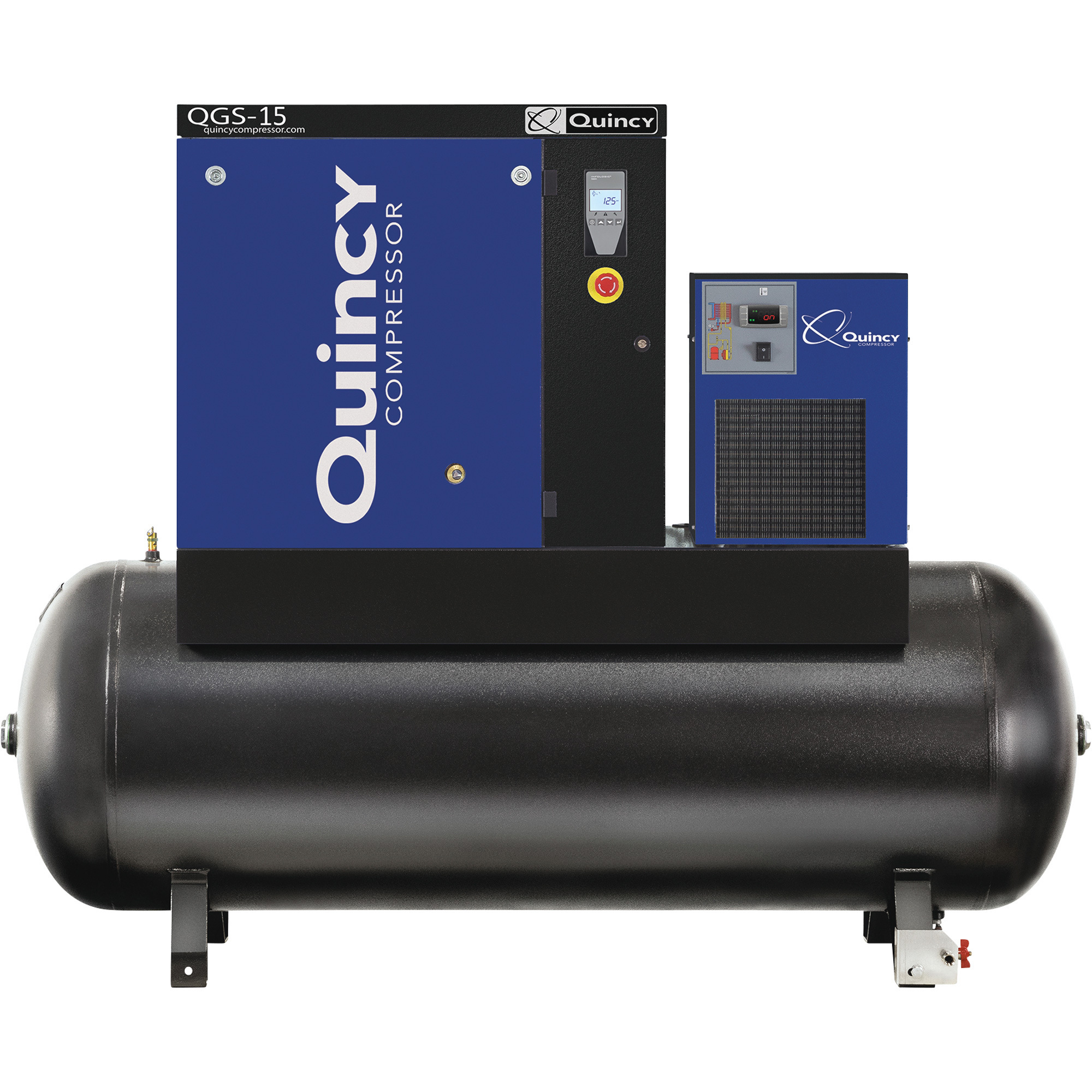Compresor rotativo Quincy QGS-15, 54.9 CFM a 125 PSI, trifásico, horizontal de 120 galones con secador, Modelo# 4152021984.