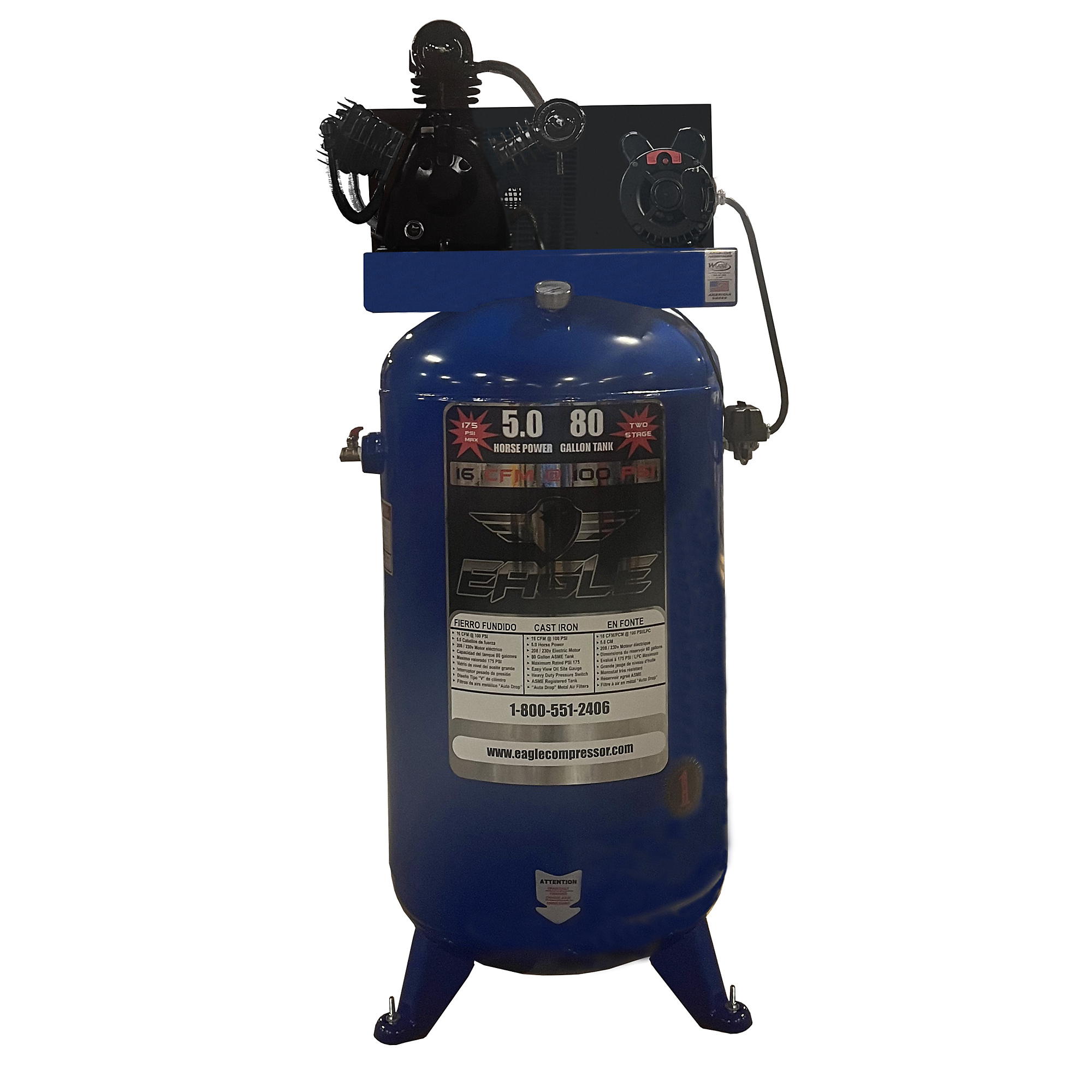 Compresor de aire EAGLE de 80 galones de 2 etapas, 5 HP de potencia, tamaño del tanque de aire de 80 galones, modelo #5180V2.