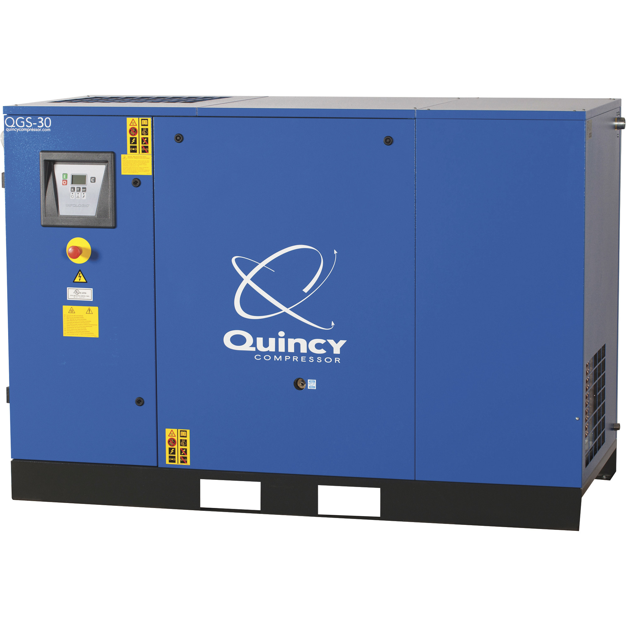 Compresor de aire rotativo Quincy QGS, 30 HP, 208/230-460 V, 3 fases, 122 CFM, Montaje en base, con secador, sin tanque, Modelo# 4152026521.