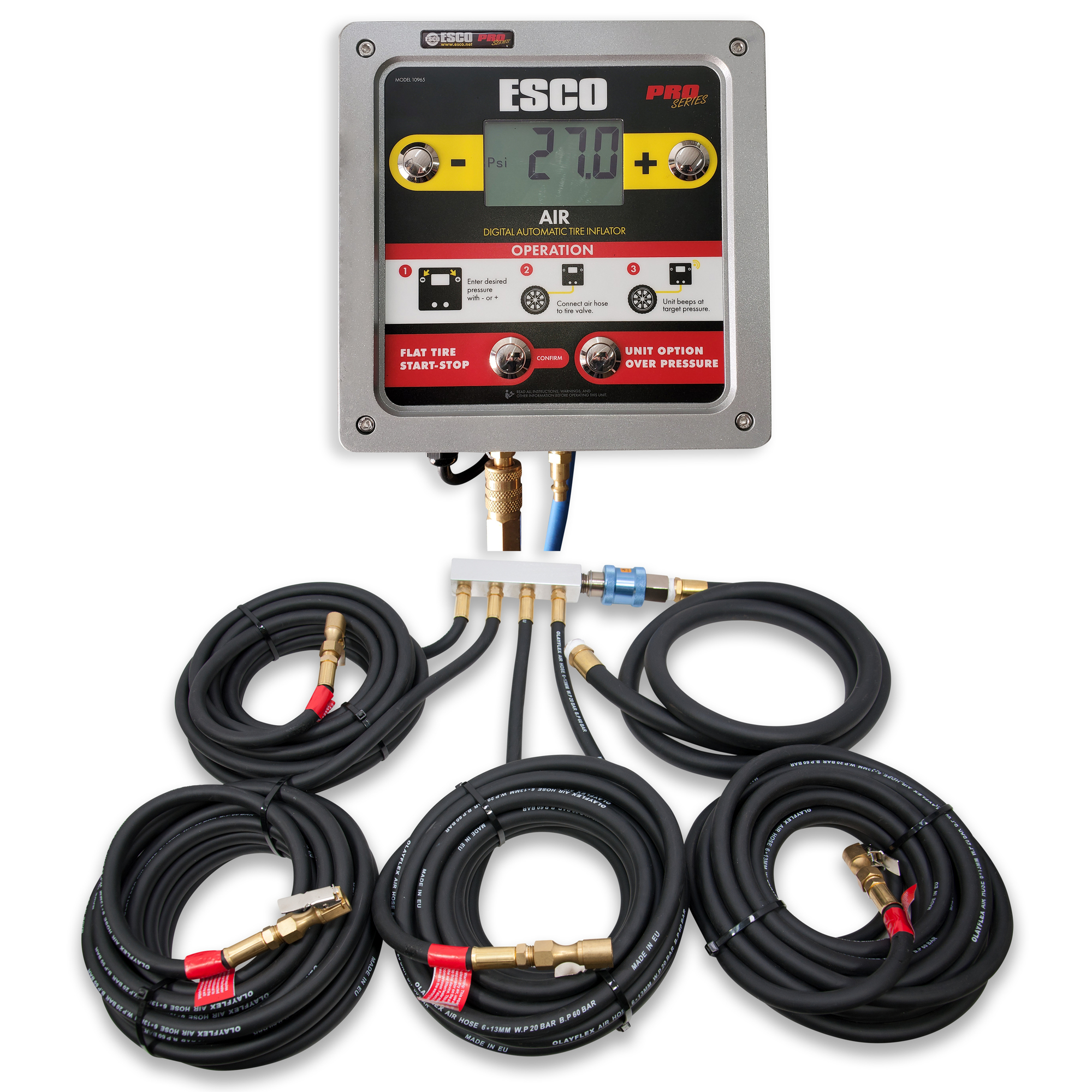 Kit de inflador de llantas ESCO montado en pared, Máx. PSI 145, Fuente de alimentación con cable, Modelo# 10965-K.